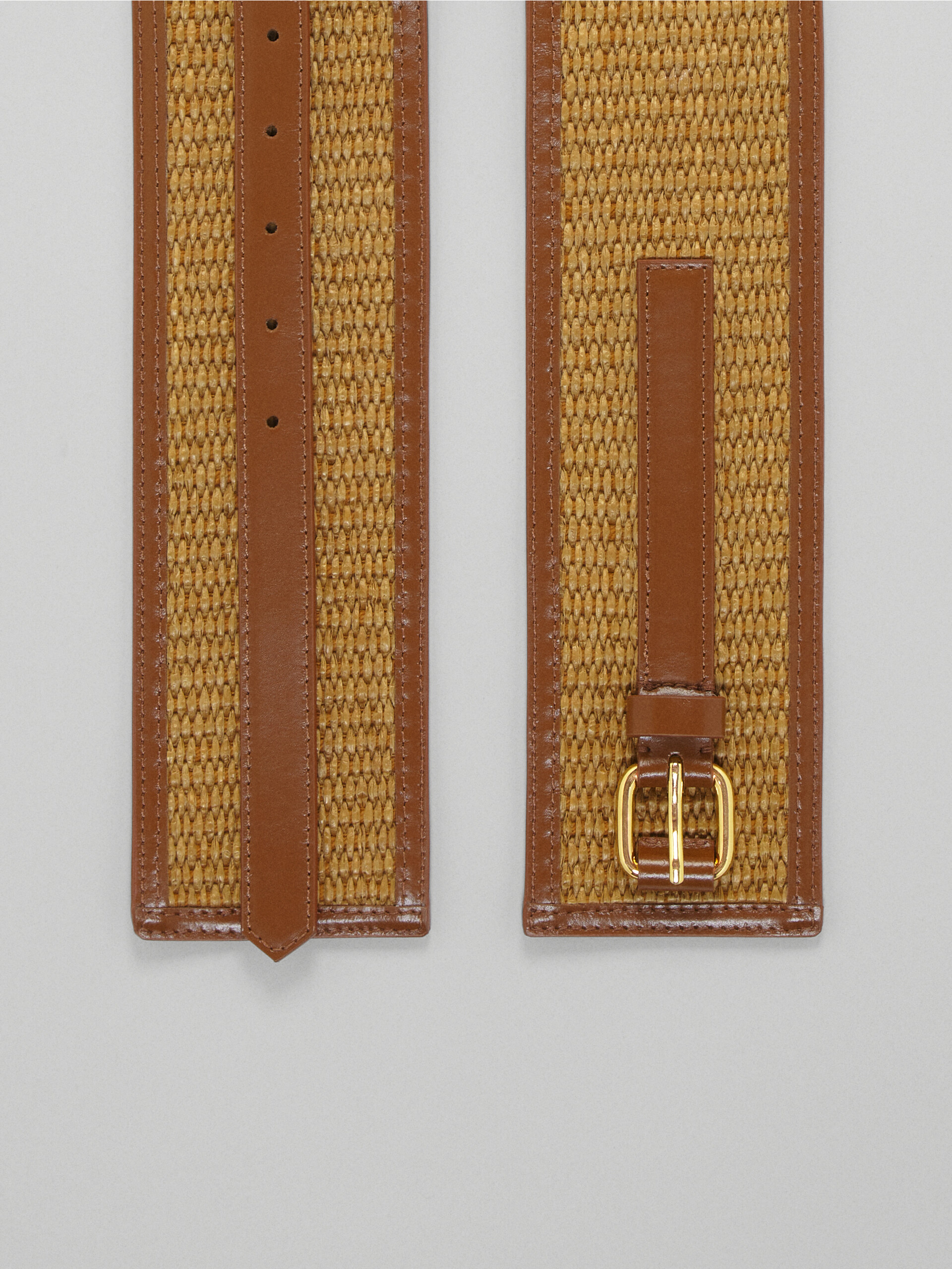 Belt in brown leather and raffia-effect fabric - Belts - Image 4
