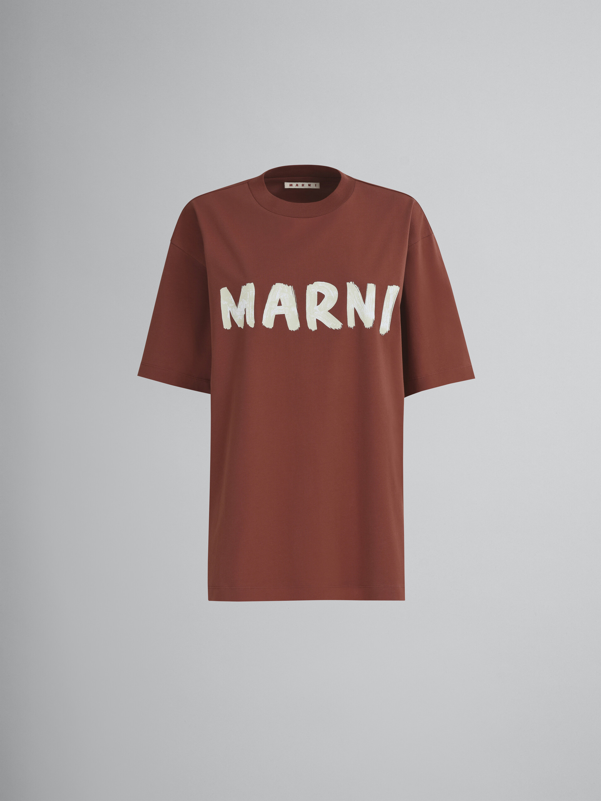 T-shirt en jersey biologique marron à imprimé logo - T-shirts - Image 1