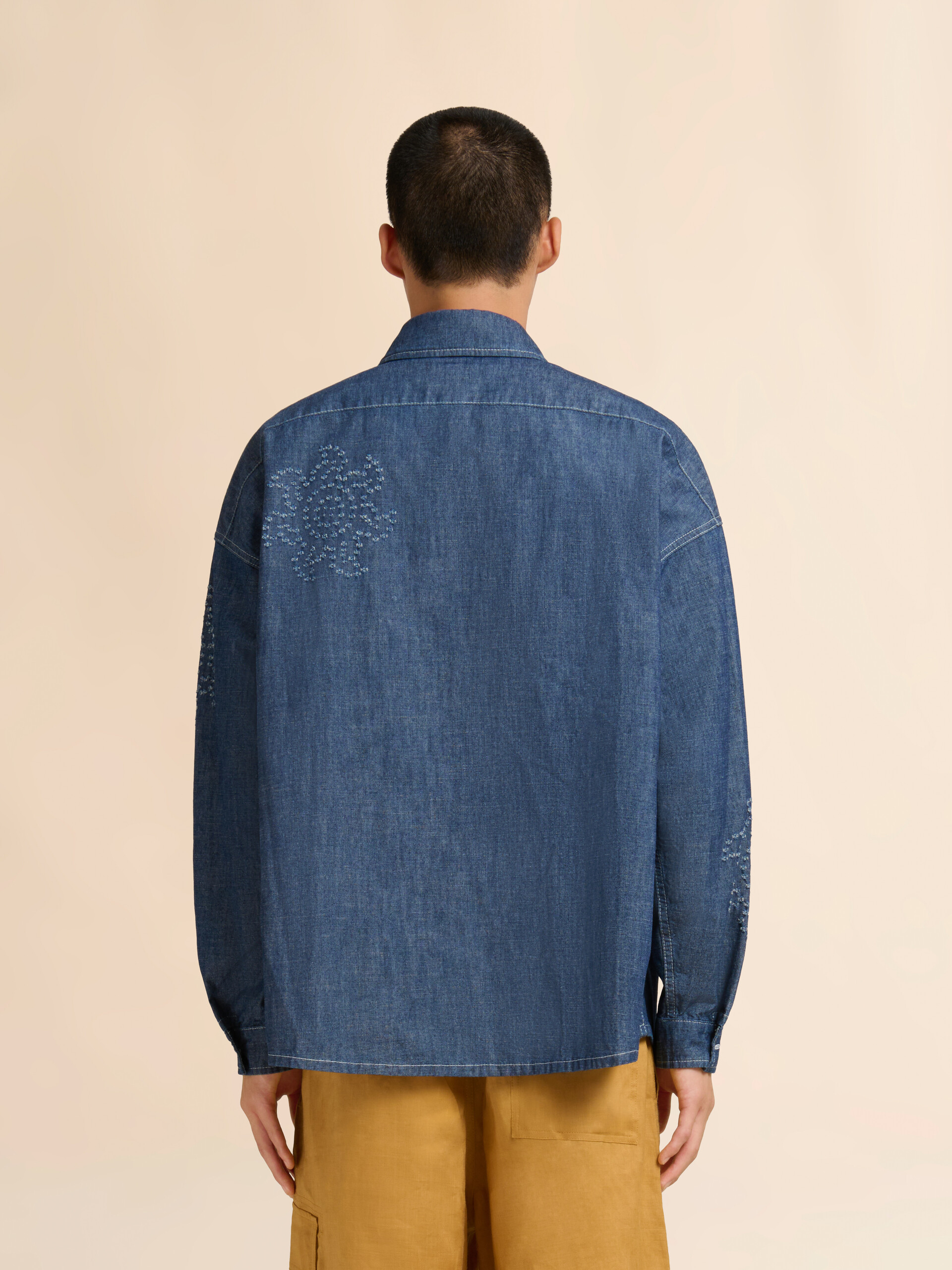 Blue chambray oversized shirt with frayed sun motif - Shirts - Image 3