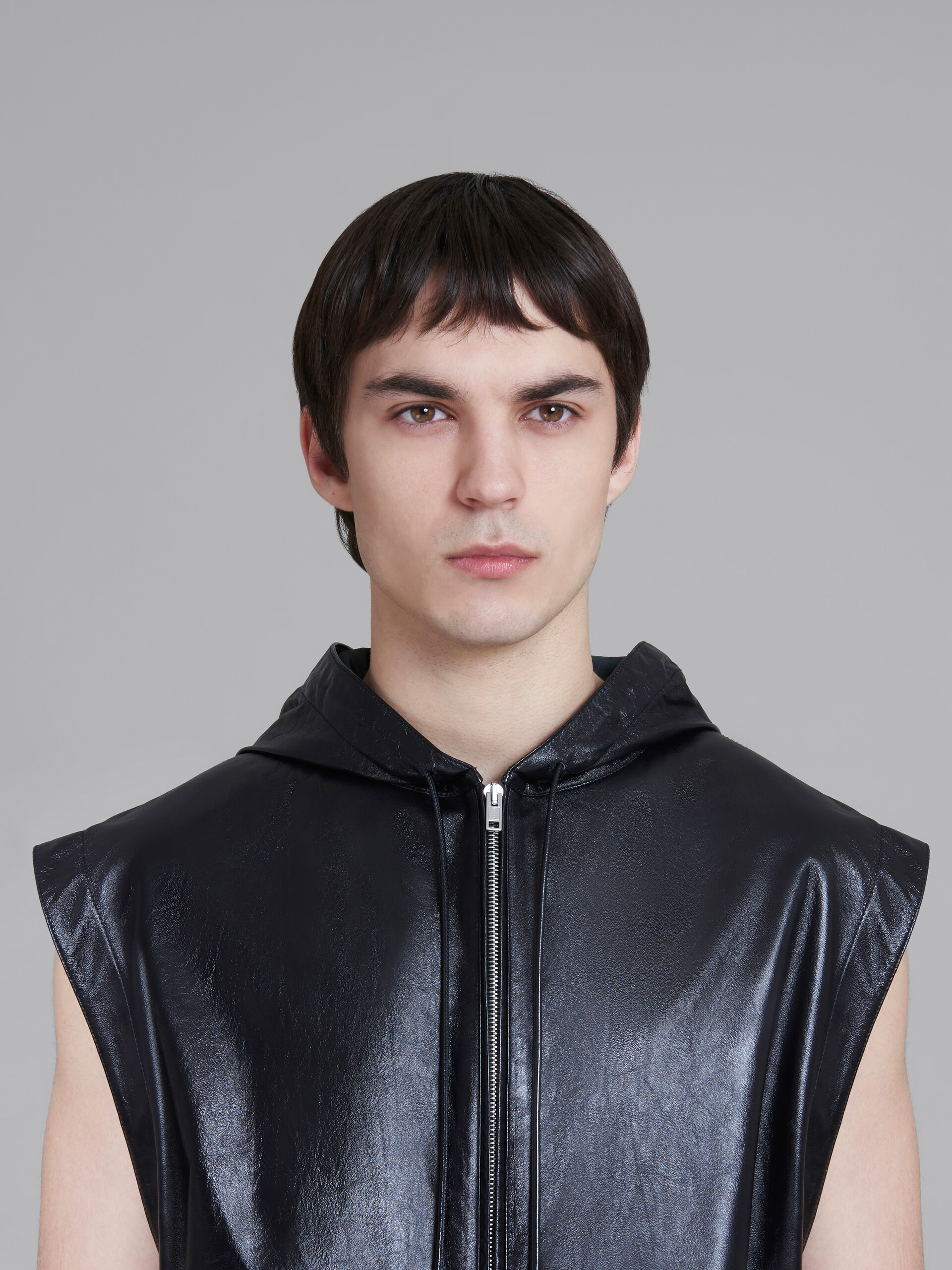 Black ultralight naplak leather vest with hood - Waistcoat - Image 4