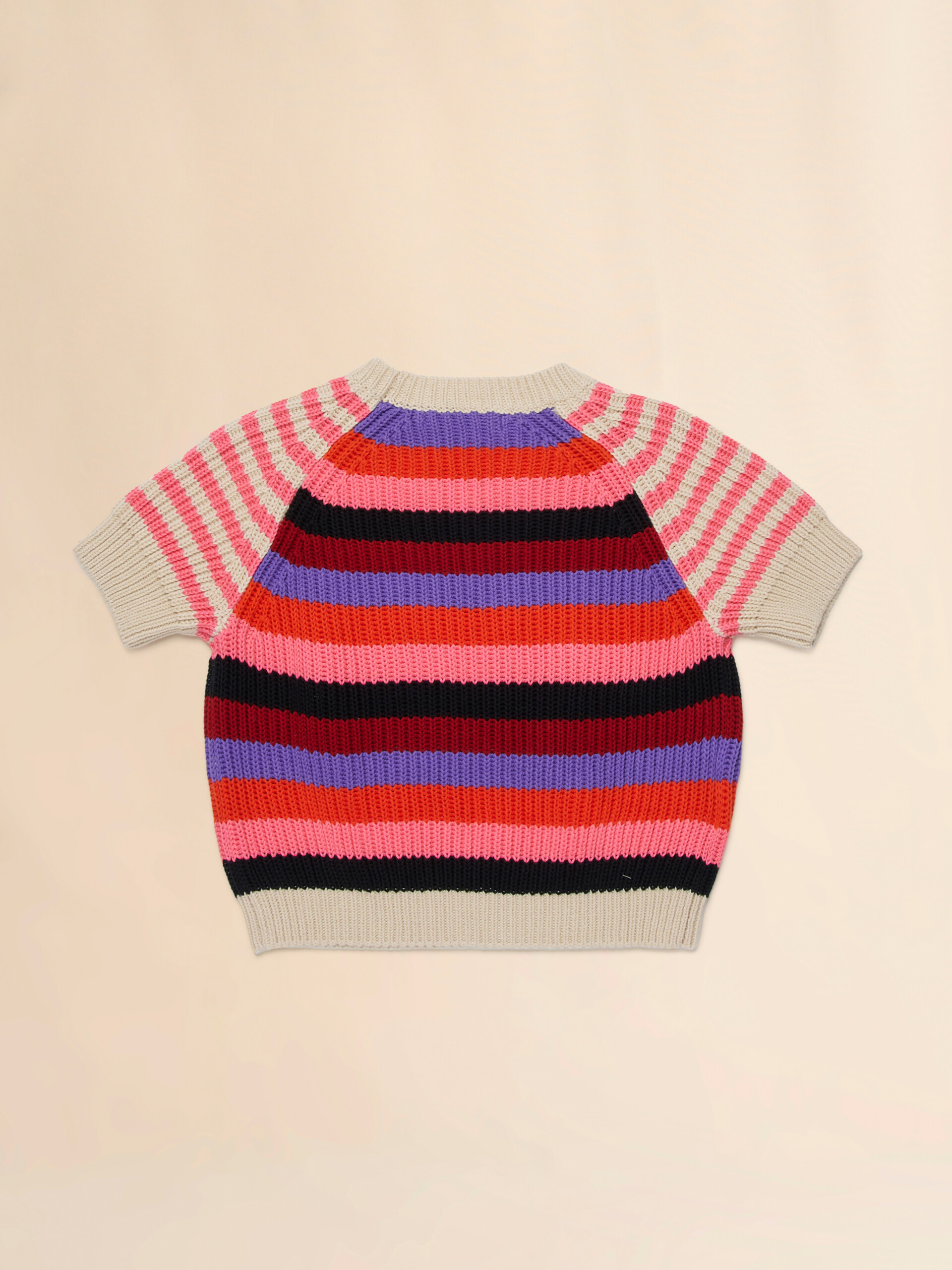 Maglia a maniche corte in cotone beige a righe - Maglieria - Image 2