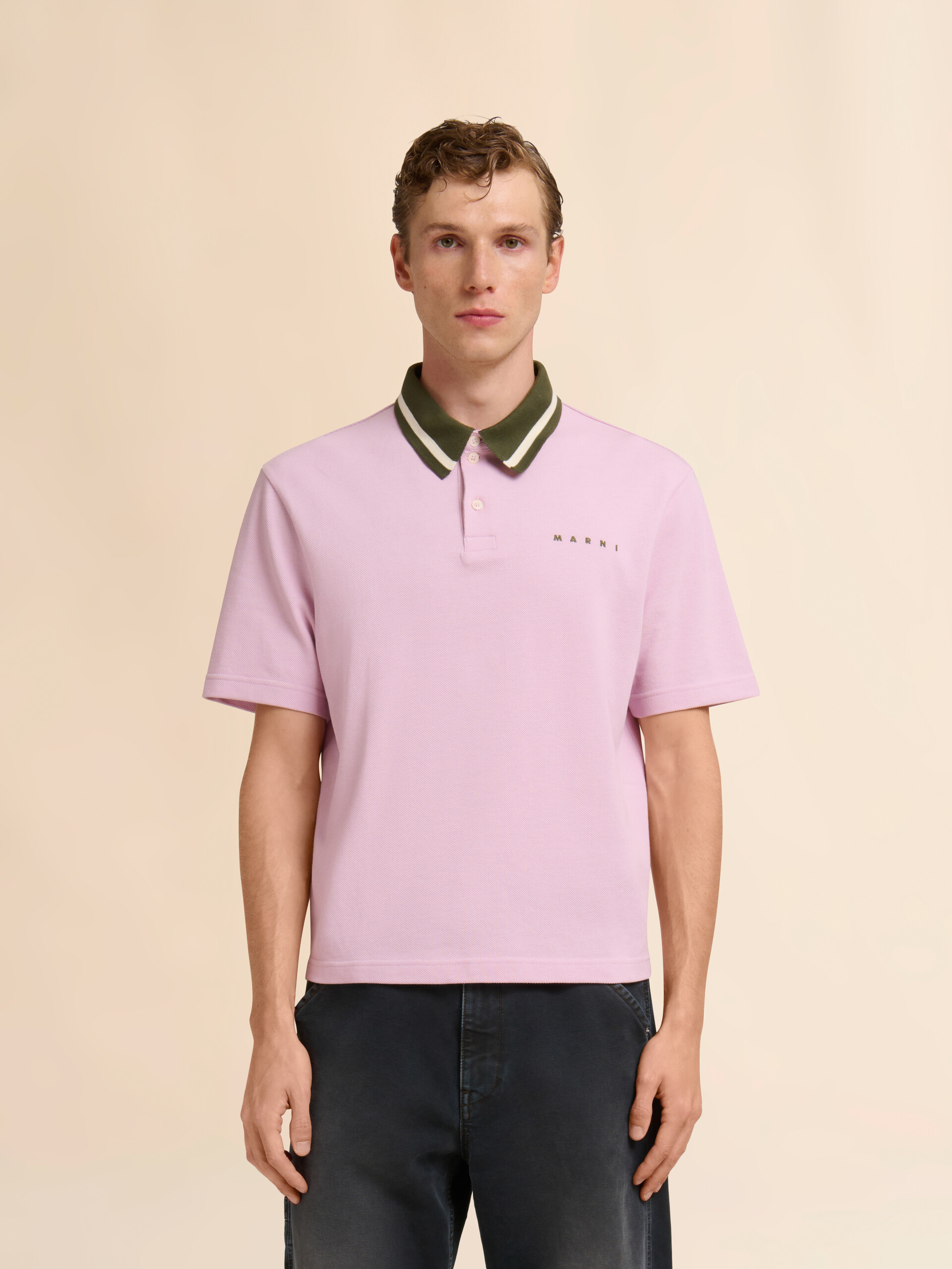 Deep blue piqué polo shirt with striped collar - Shirts - Image 2