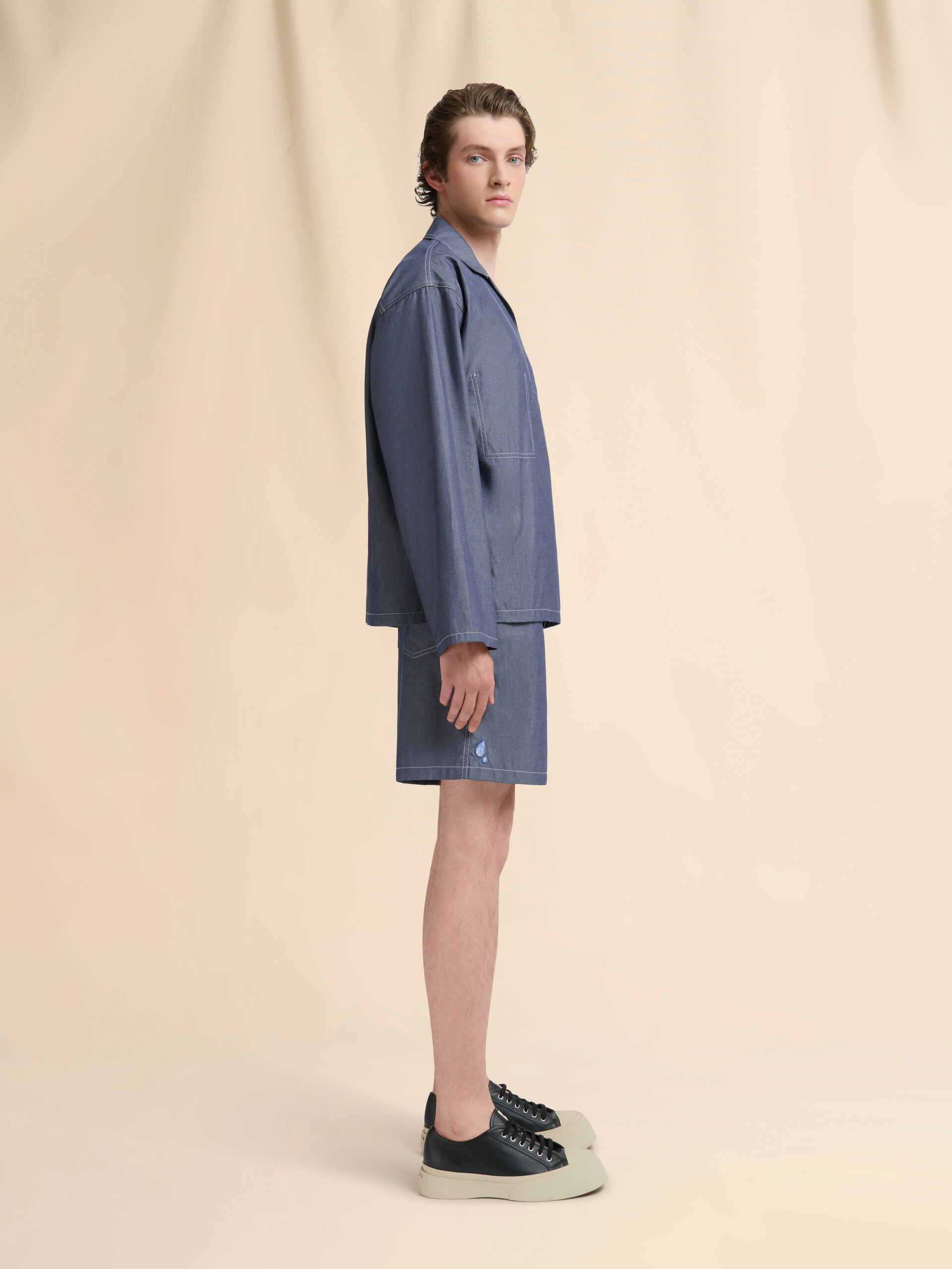 Blue chambray shorts with back adjuster - Pants - Image 5
