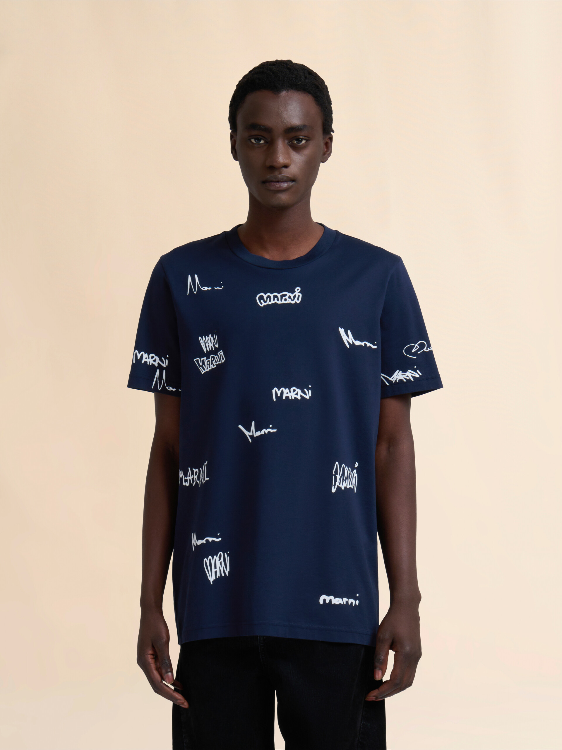 Deep blue cotton T-shirt with Multigram Marni print - Shirts - Image 2