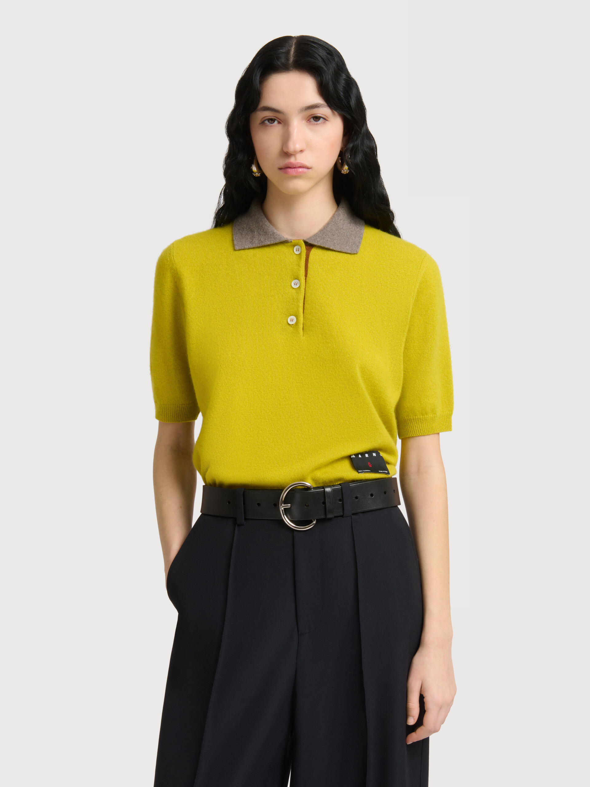 Yellow cashmere polo shirt with contrast collar - Shirts - Image 2