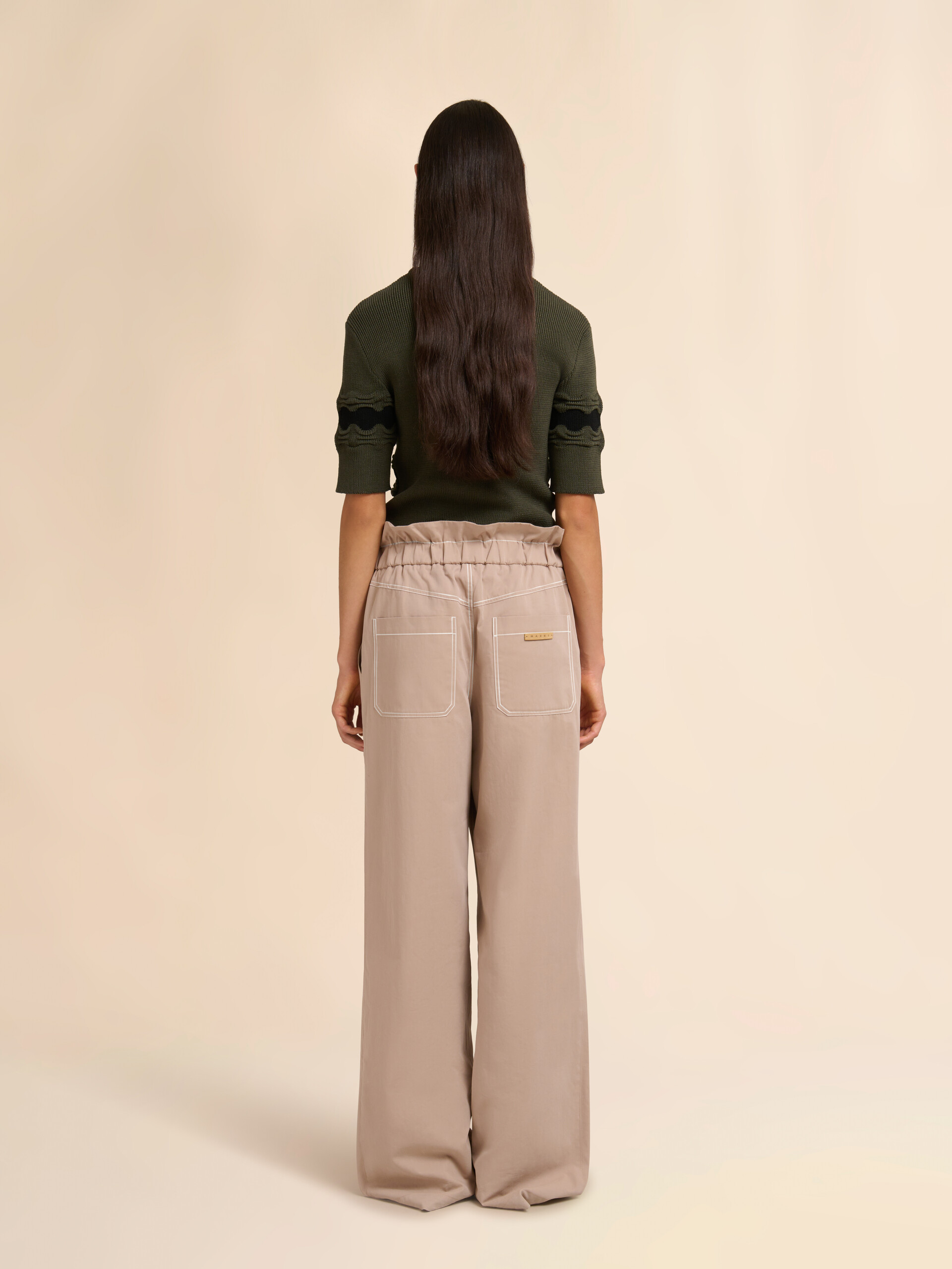 Beige gabardine trousers with paperbag waist - Pants - Image 3