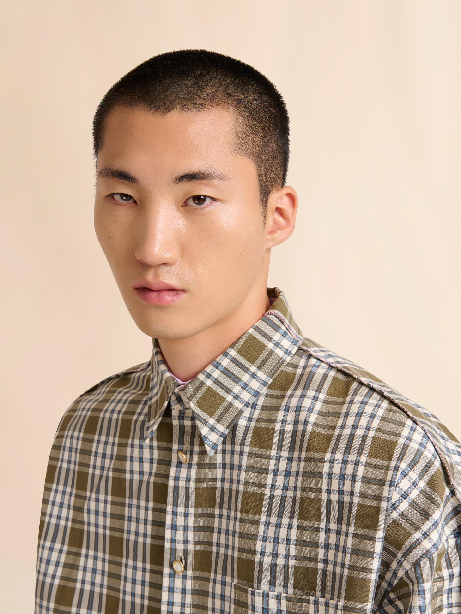 Green compact cotton shirt with checked pattern - Shirts - Image 4