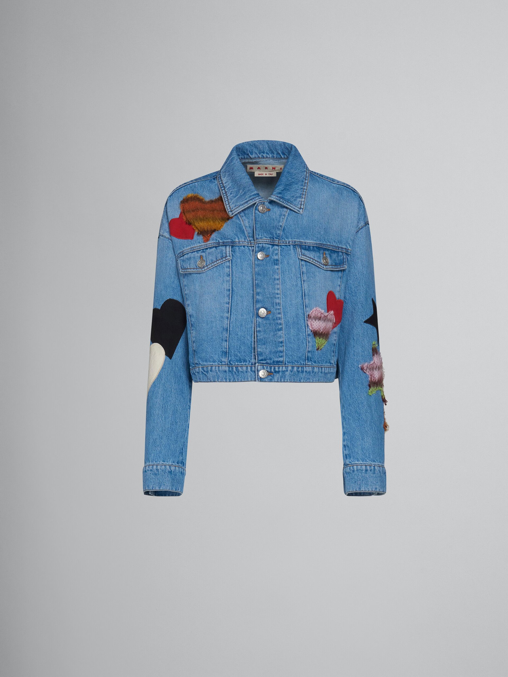 DENIM JACKET IN F_UP RED WITH PATCHES