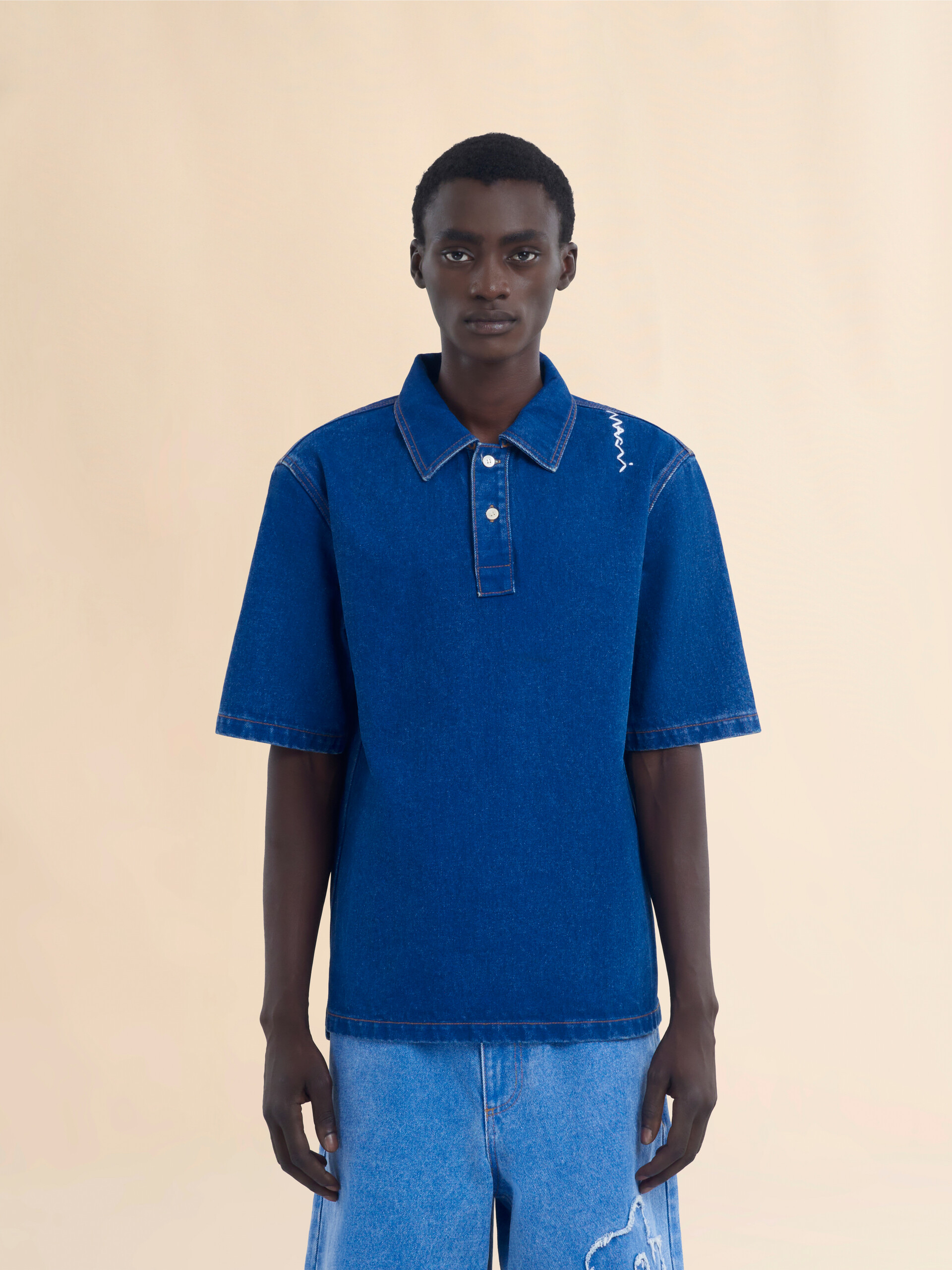 Blue oversize organic denim polo shirt with Marni Symbol - Shirts - Image 2