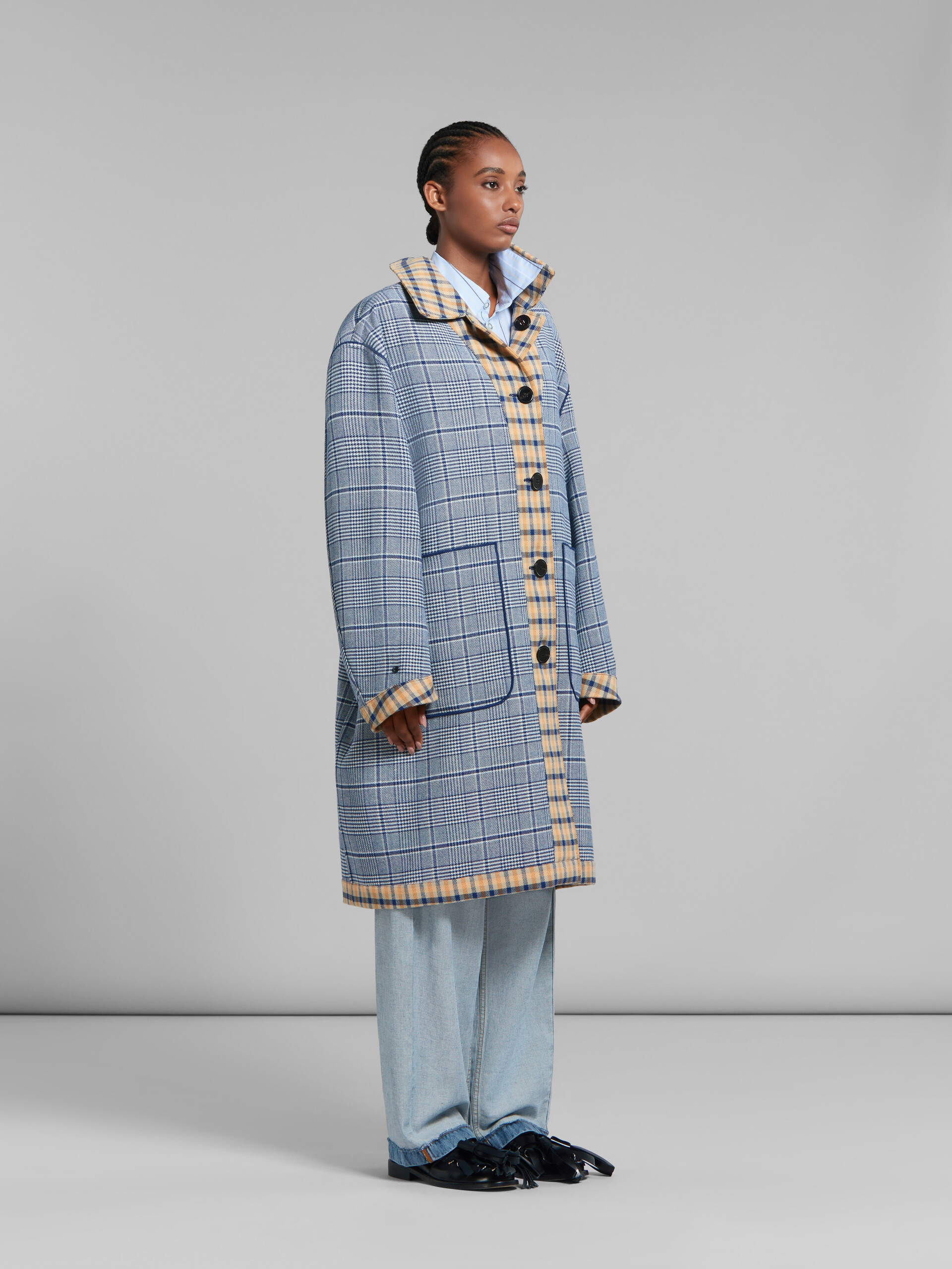 Blue and yellow checked wool reversible coat - Coats - Image 5
