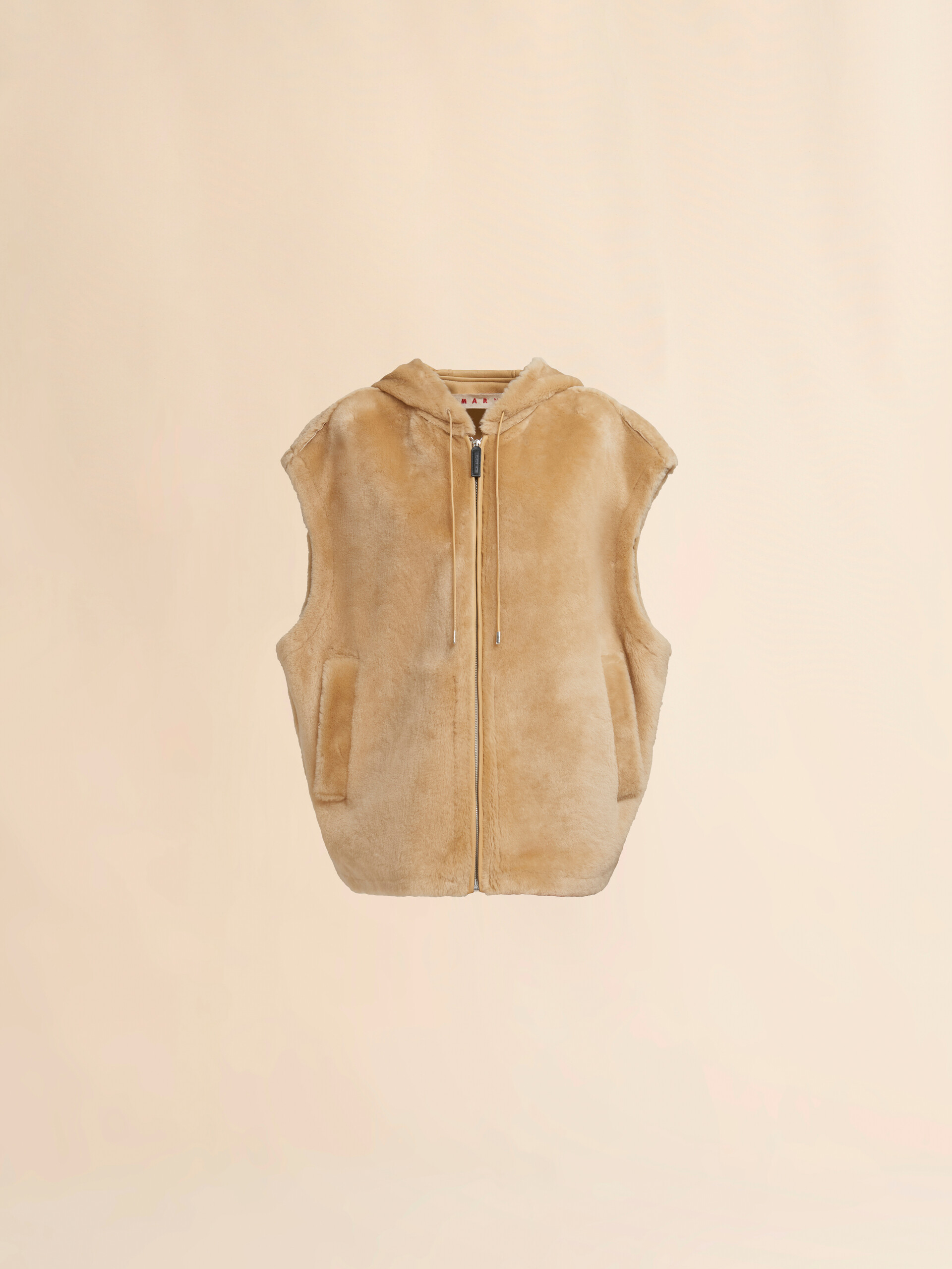 Gilet con cappuccio in shearling rasato marrone - Gilet - Image 1