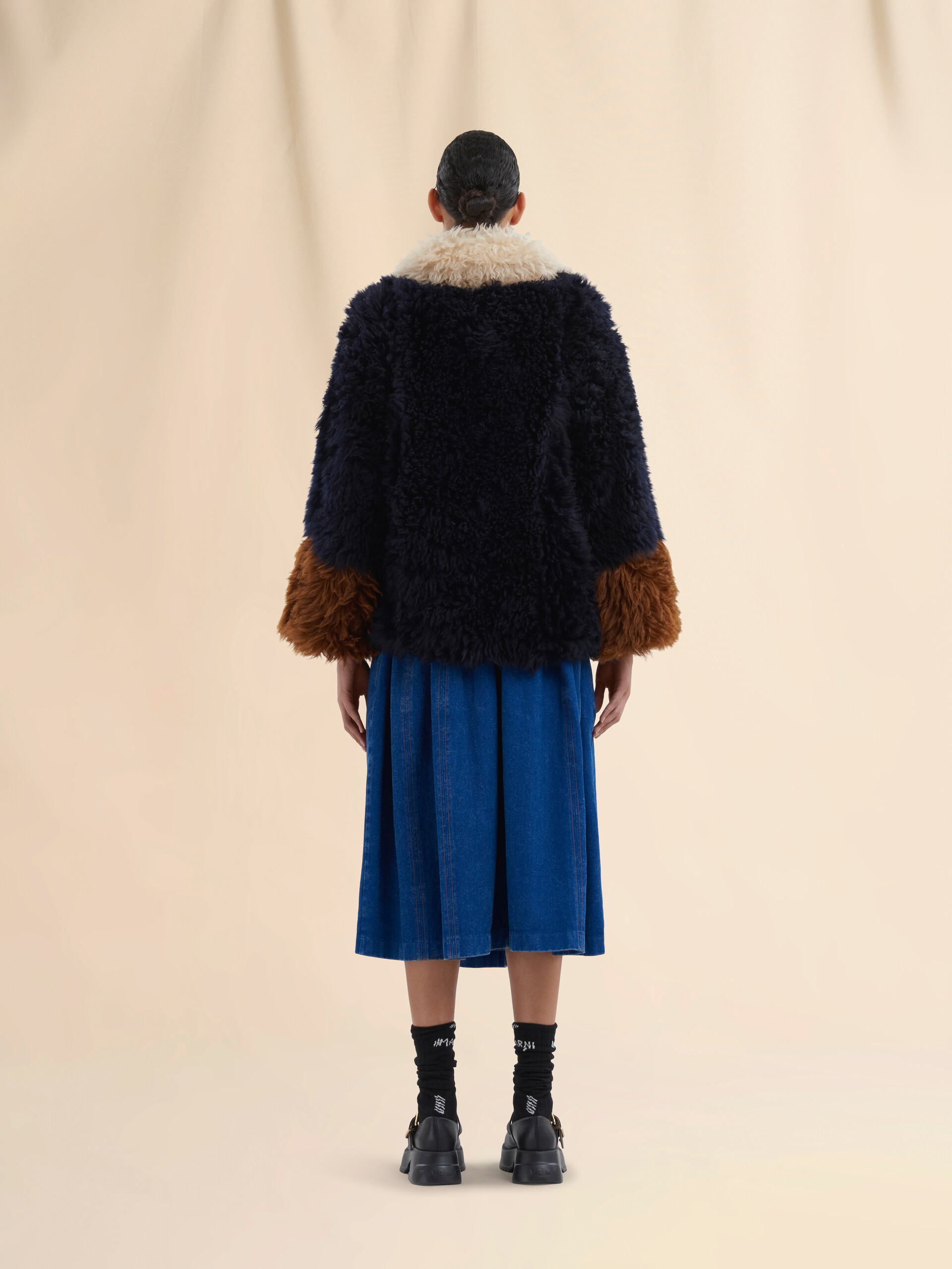 Navy long-hair shearling jacket with contrast trims - Jackets - Image 3