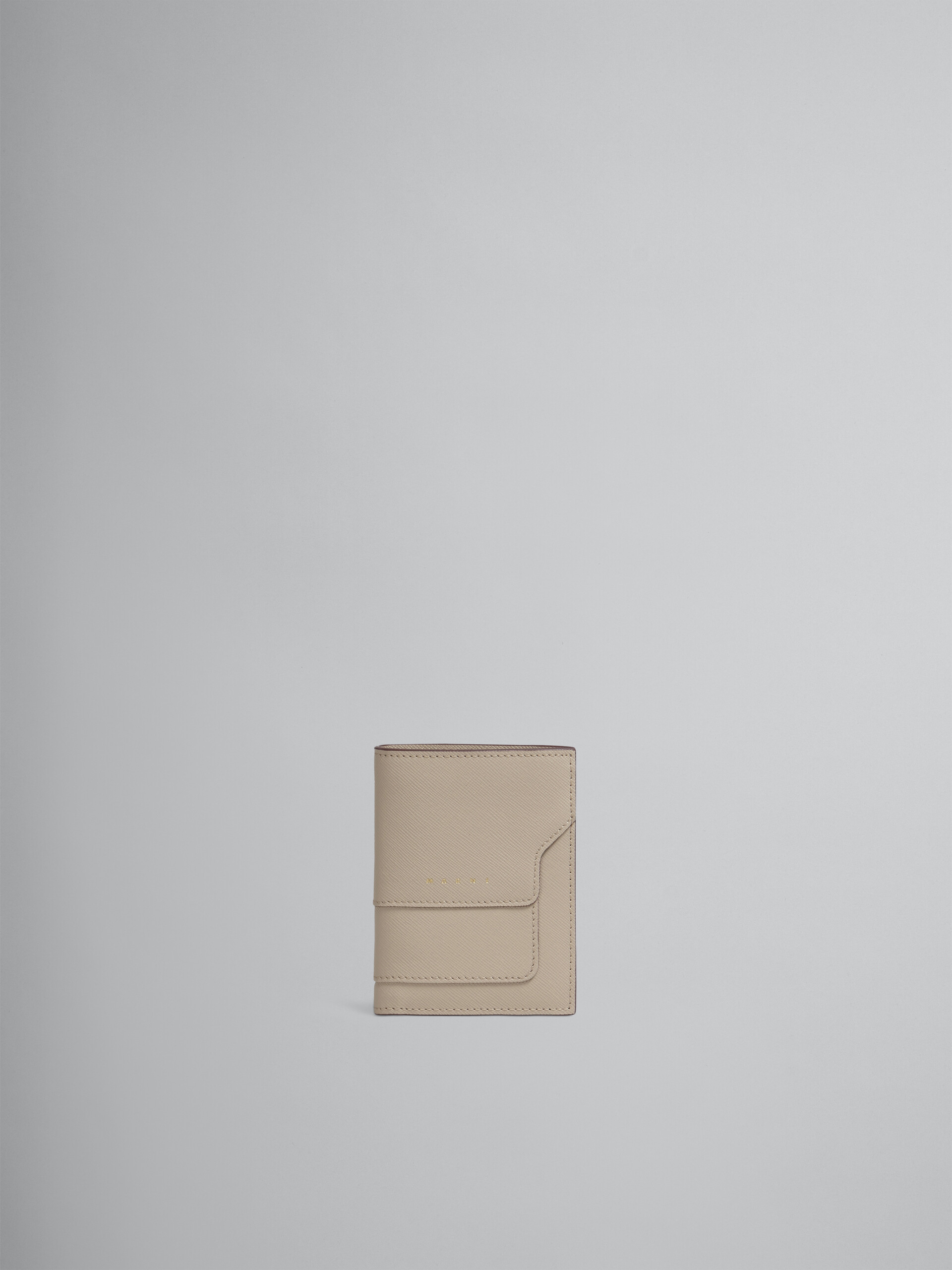 Beige saffiano leather bi-fold wallet