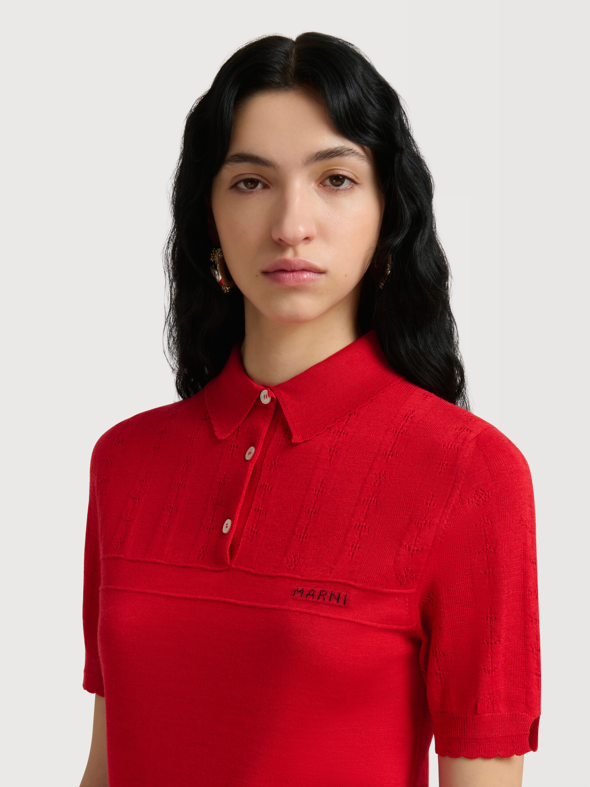 Red wool-silk polo shirt with pointelle detailing - Shirts - Image 5