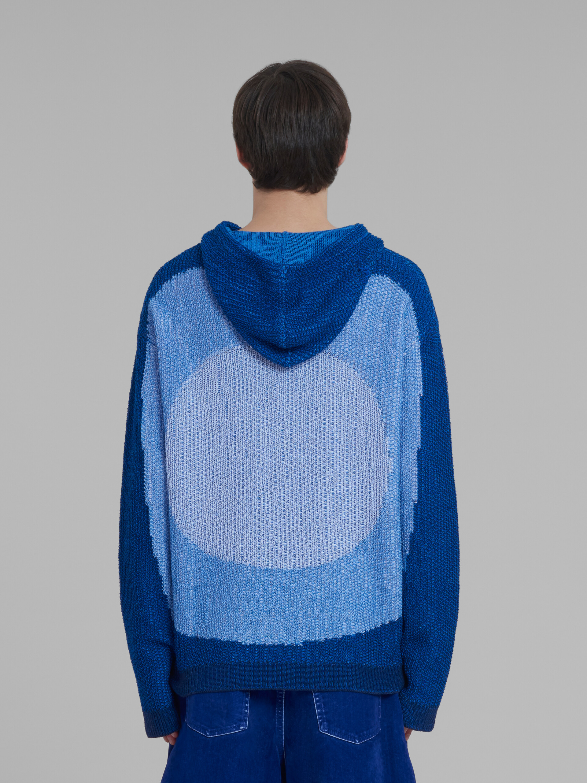 Blue knitted cotton hoodie with circle inlay - Pullovers - Image 3