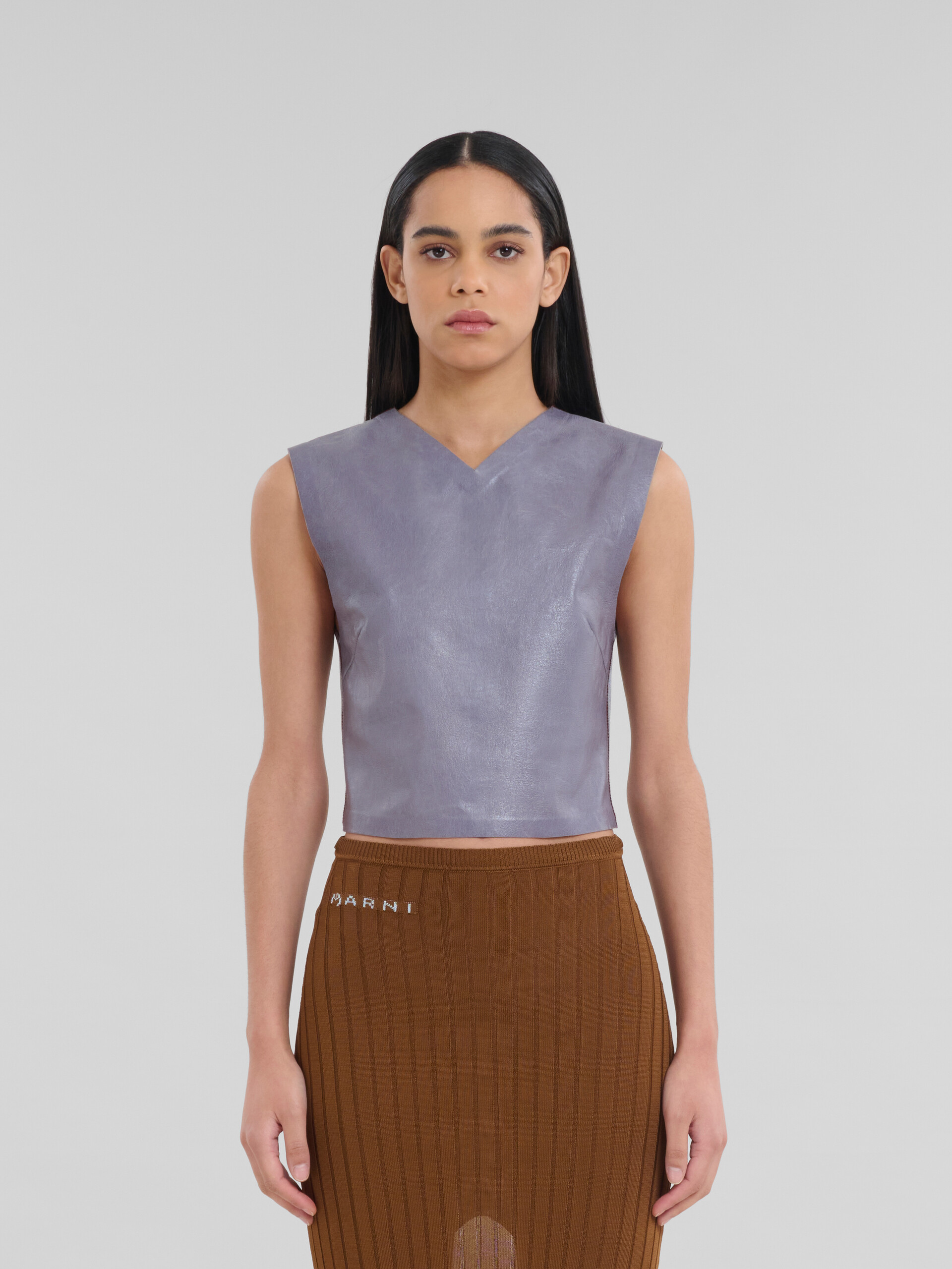 Grey leather top with rib-knit back - Shirts - Image 2