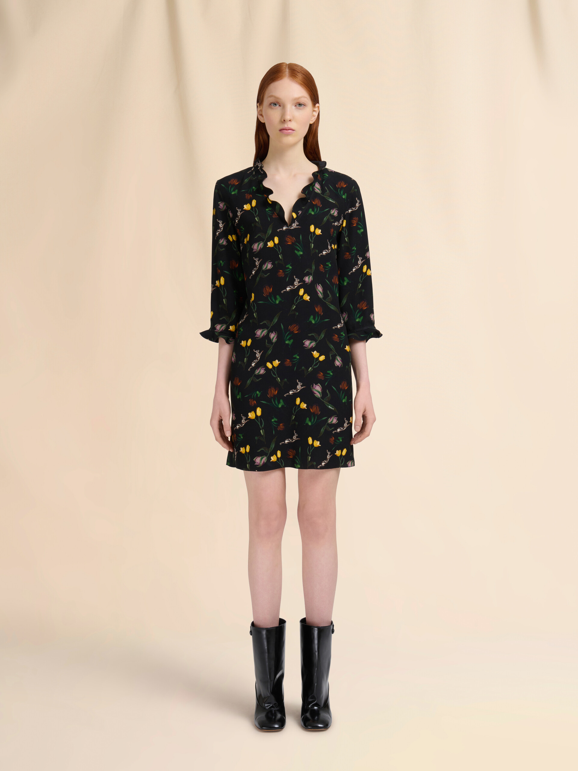Black envers satin mini dress with Tulips and Hares print - Dresses - Image 2