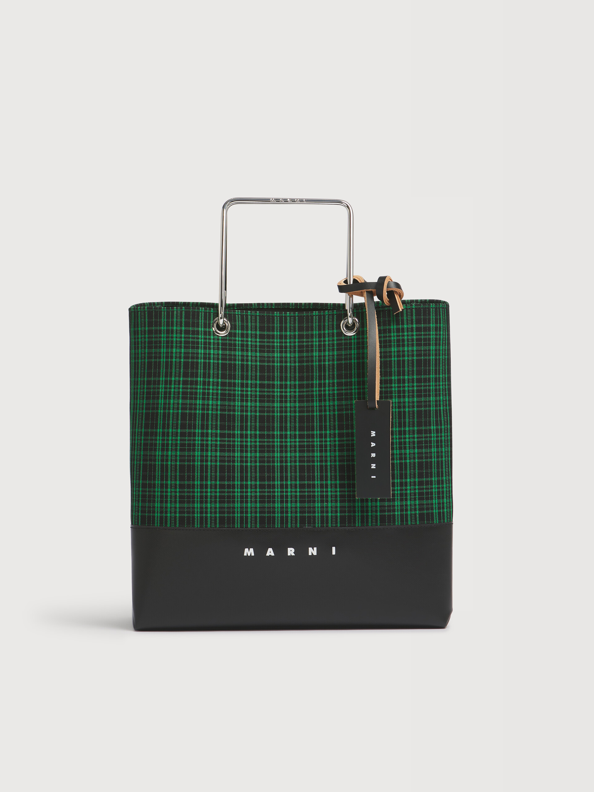 Green checked twill shopper with metal handles - Shopping Bags - Image 1