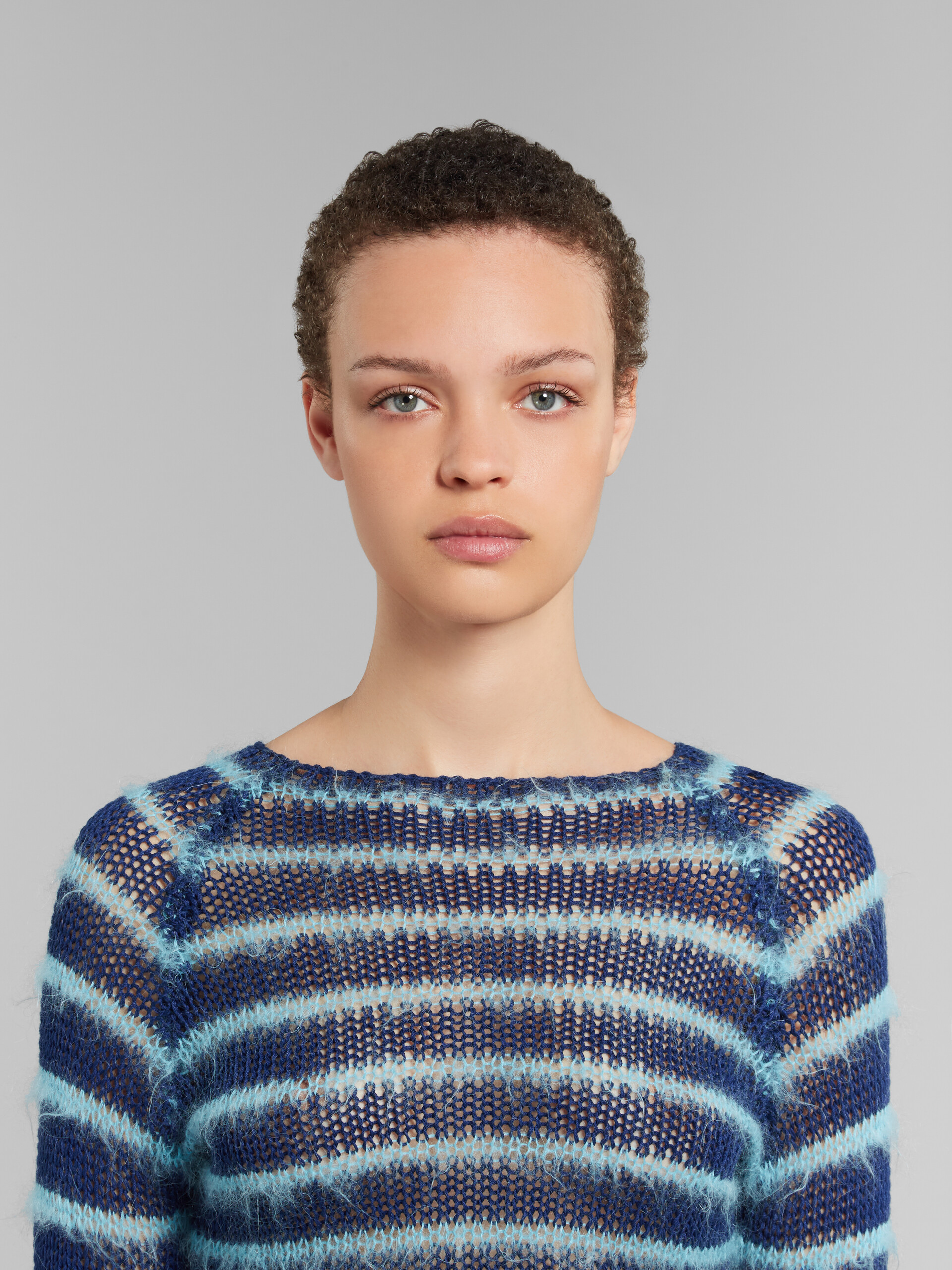Blue boat-neck jumper with mohair stripes - Pullovers - Image 4