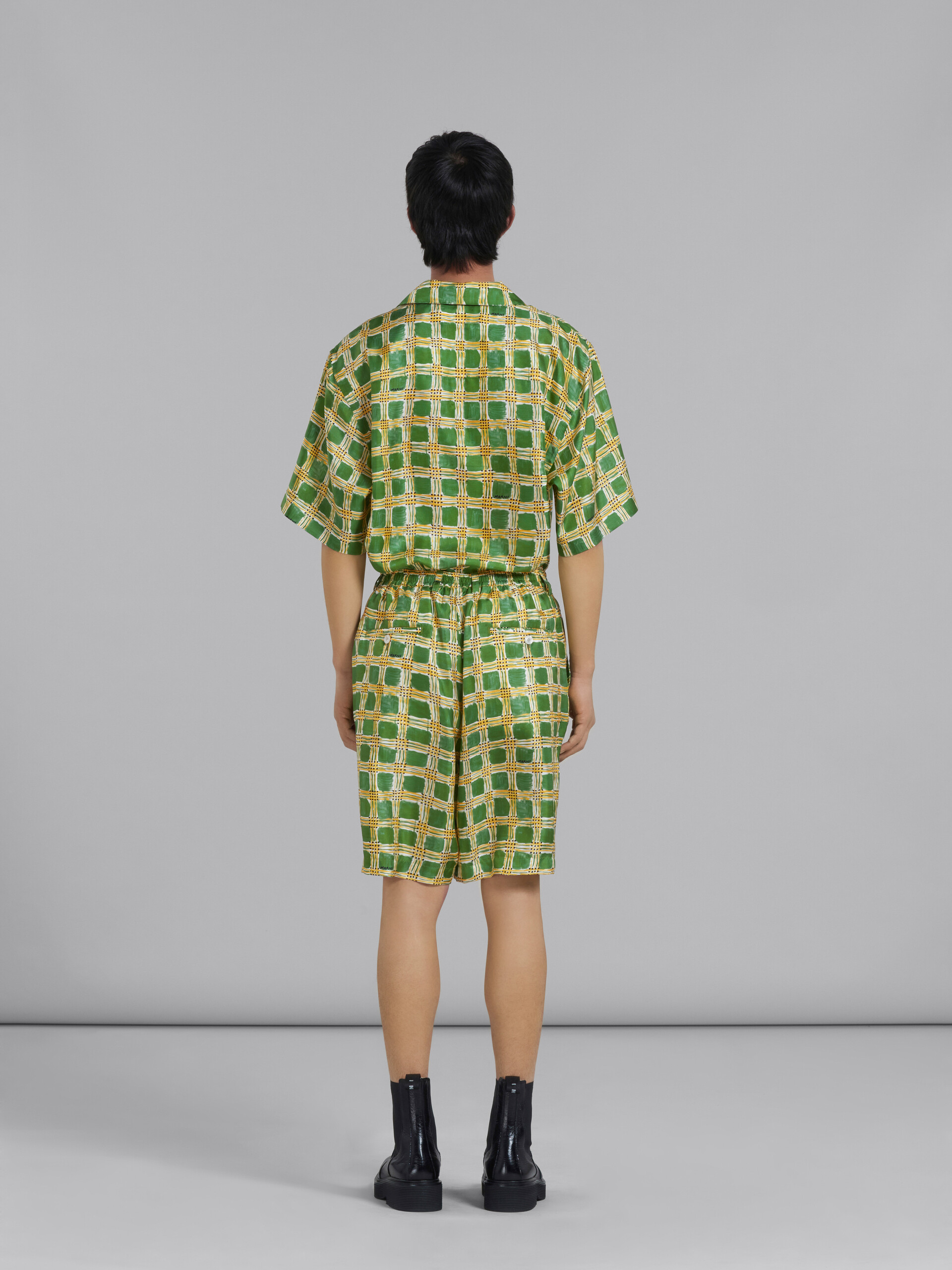 Green silk twill shorts with Check Fields print - Pants - Image 3