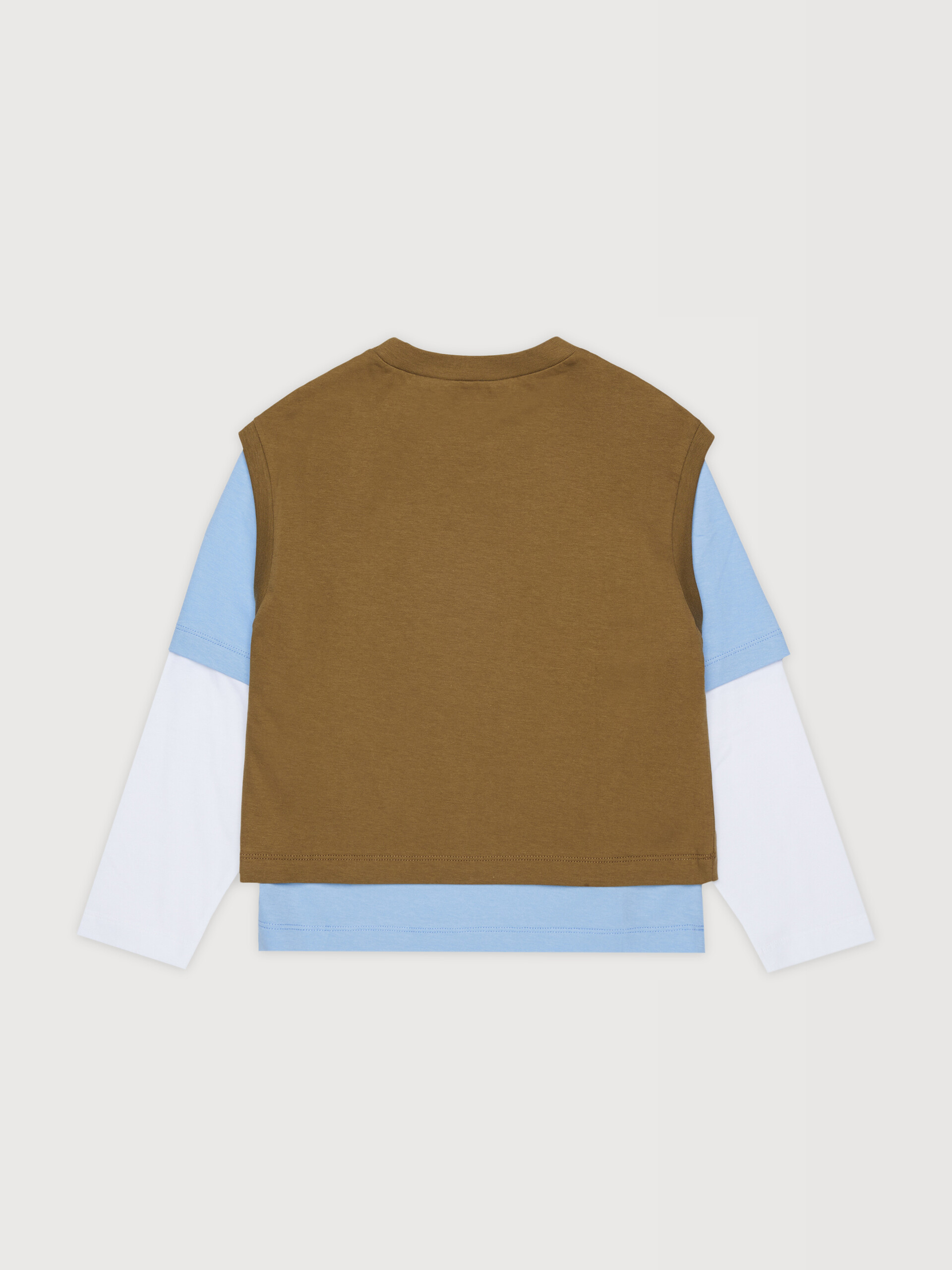 Brown light blue and white cotton T-shirt with layered effect - T-shirts - Image 2