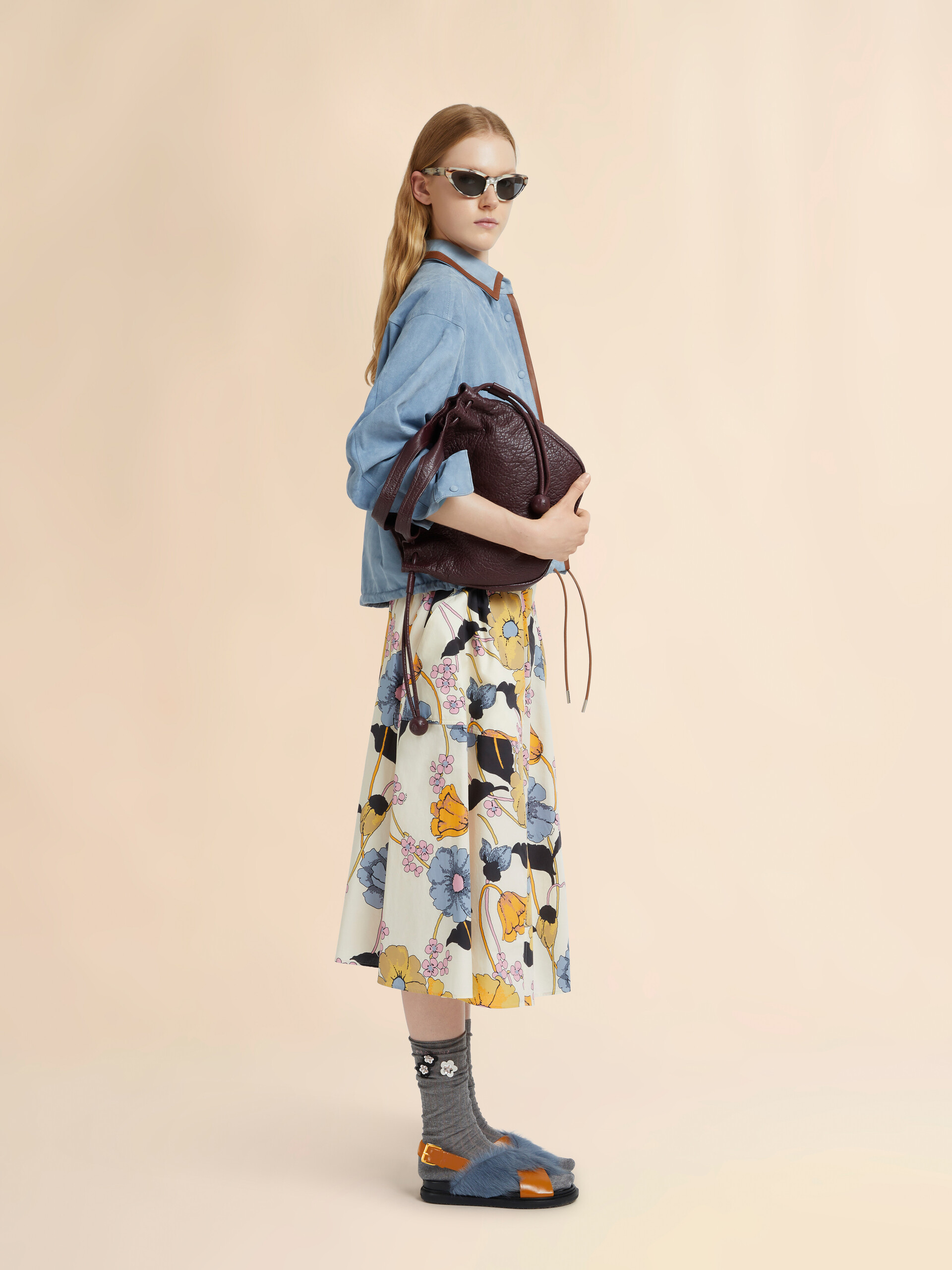 Blue poplin elasticated midi skirt with Melodia print - Skirts - Image 5
