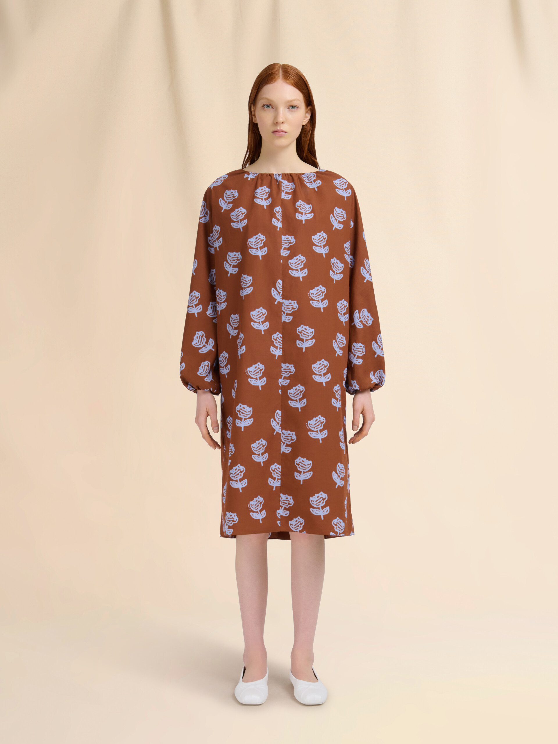 Brown poplin midi dress with Sprayed Roses print - Dresses - Image 2