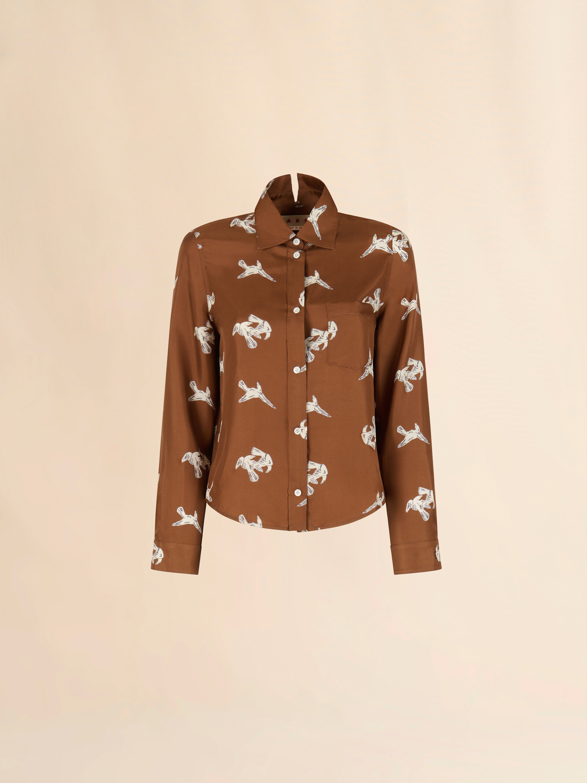 Brown silk twill shirt with raven print - Shirts - Image 1