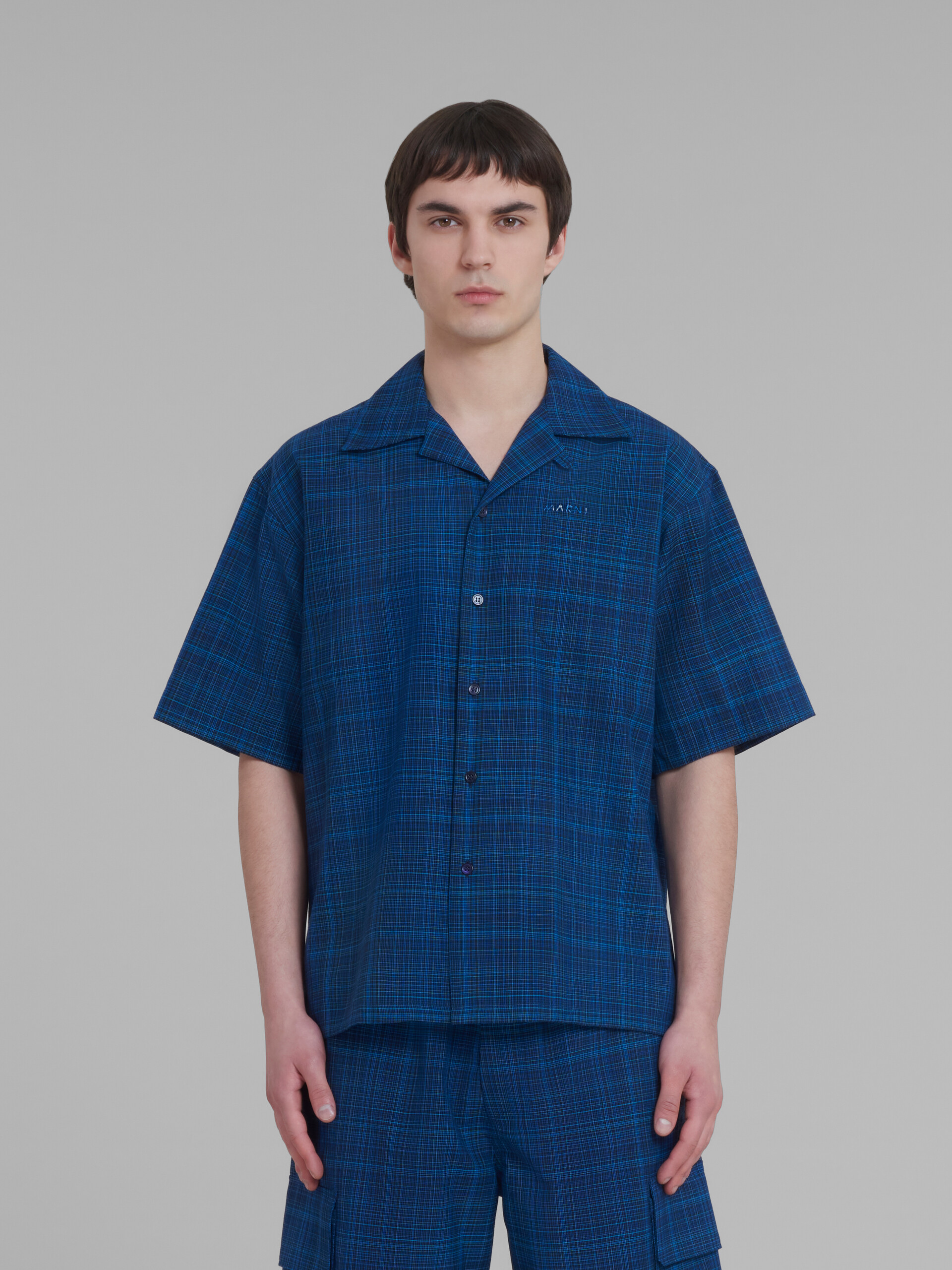 Blue bowling shirt in checked light wool - Shirts - Image 2