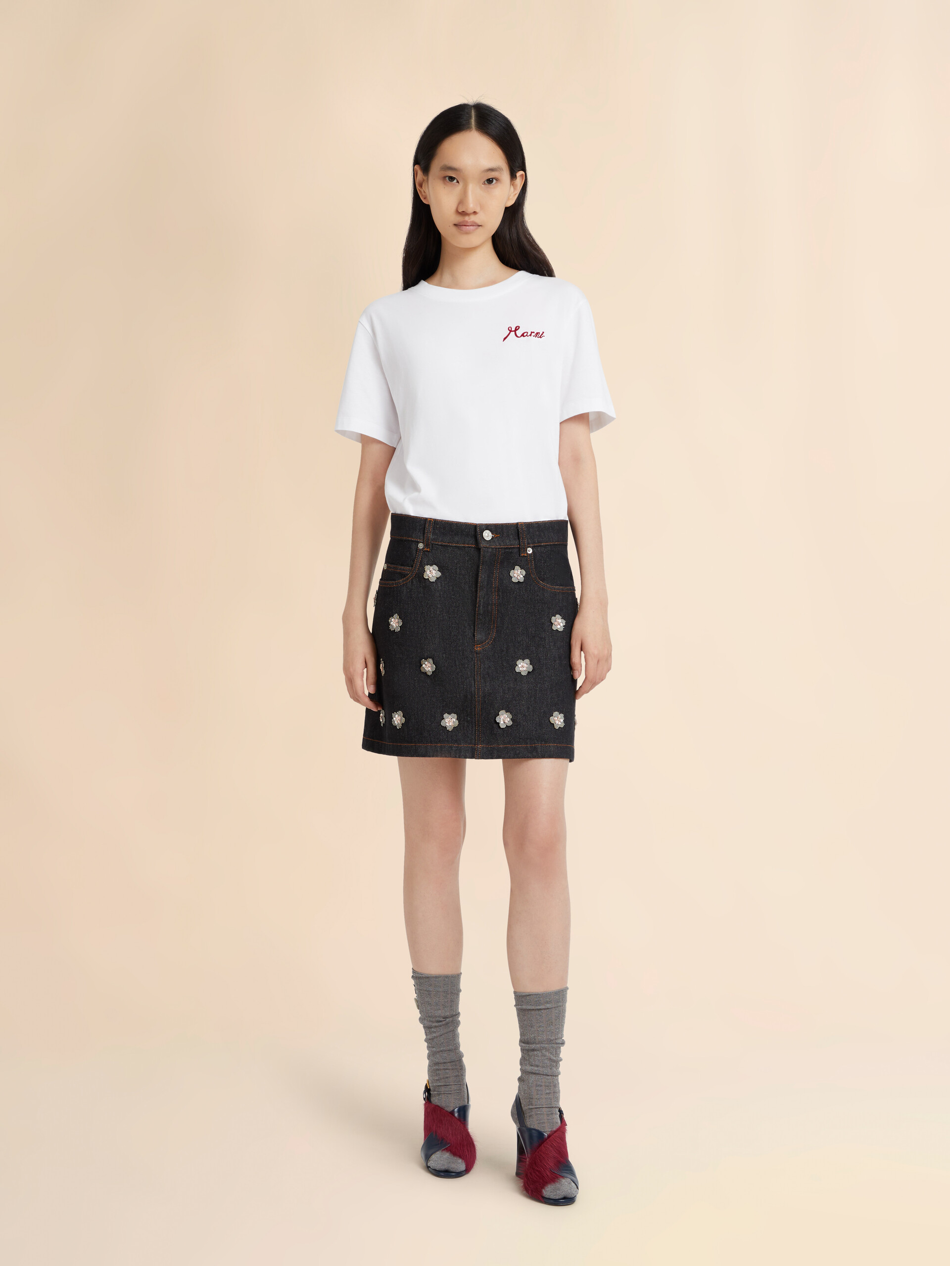 Black denim skirt with daisy appliqués - Skirts - Image 2