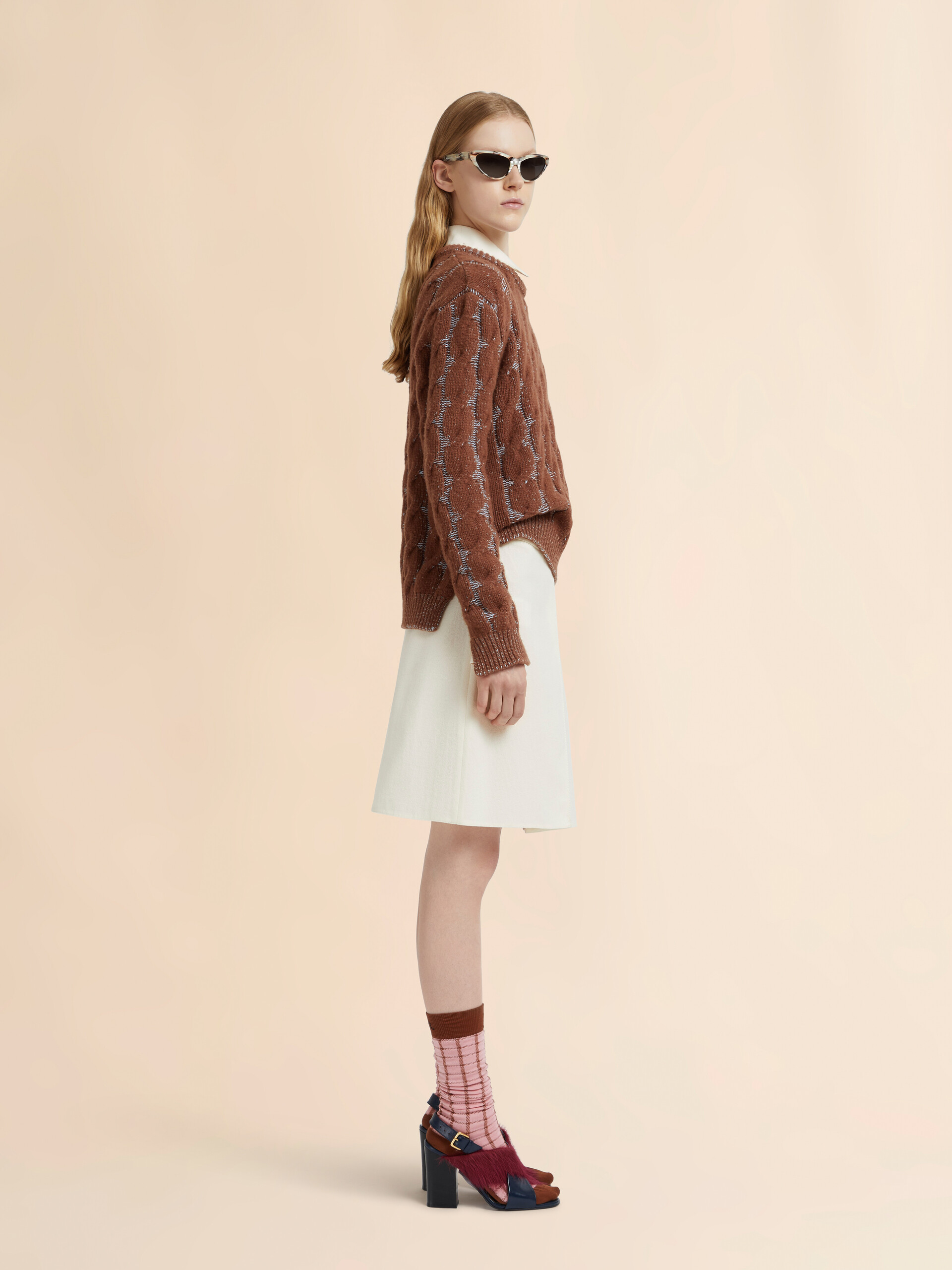 Brown mouliné wool-viscose sweater with cable pattern - Pullovers - Image 5
