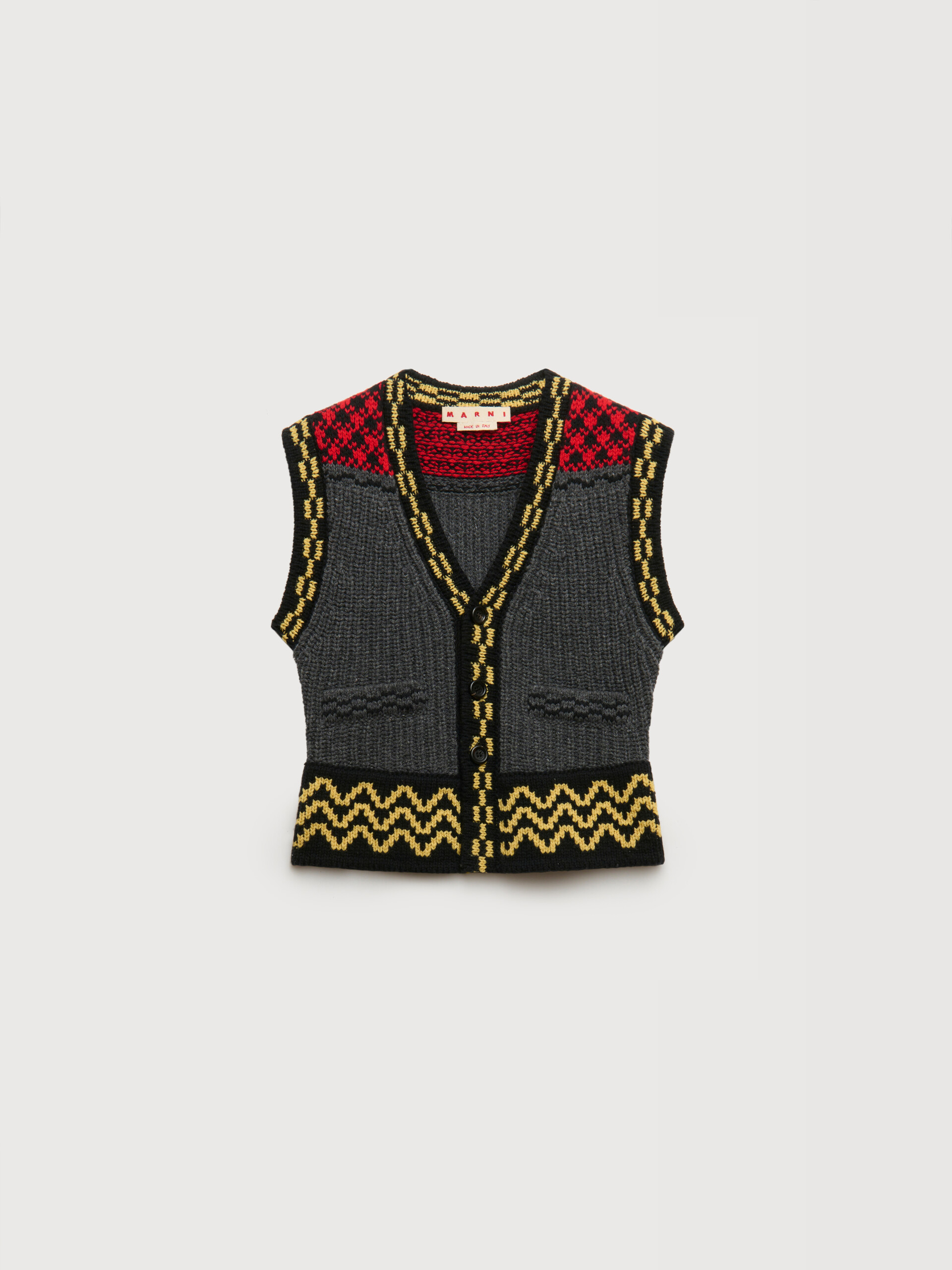Grey wool button vest with geometric motif - Waistcoats - Image 1