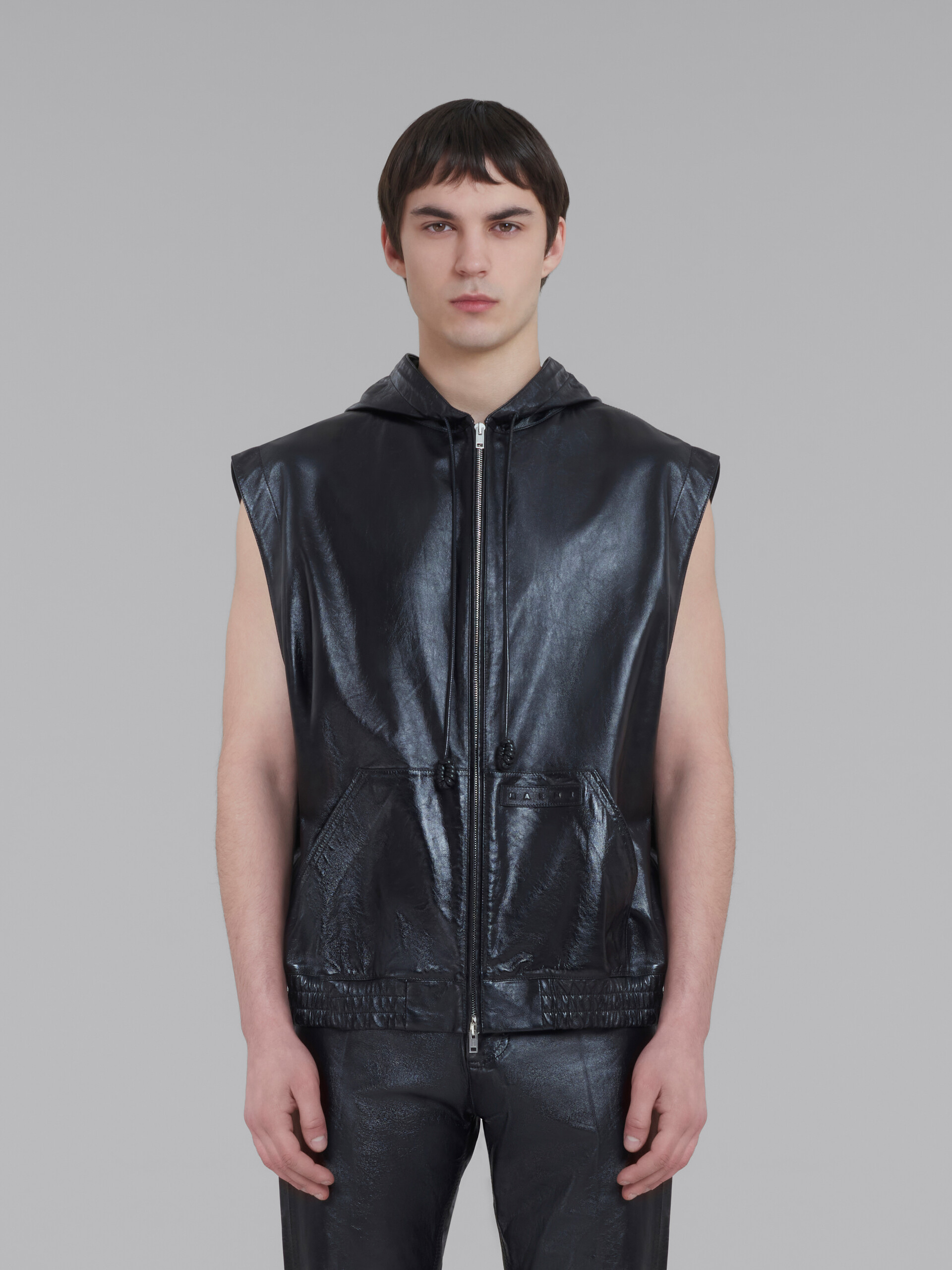 Black ultralight naplak leather vest with hood - Waistcoat - Image 2