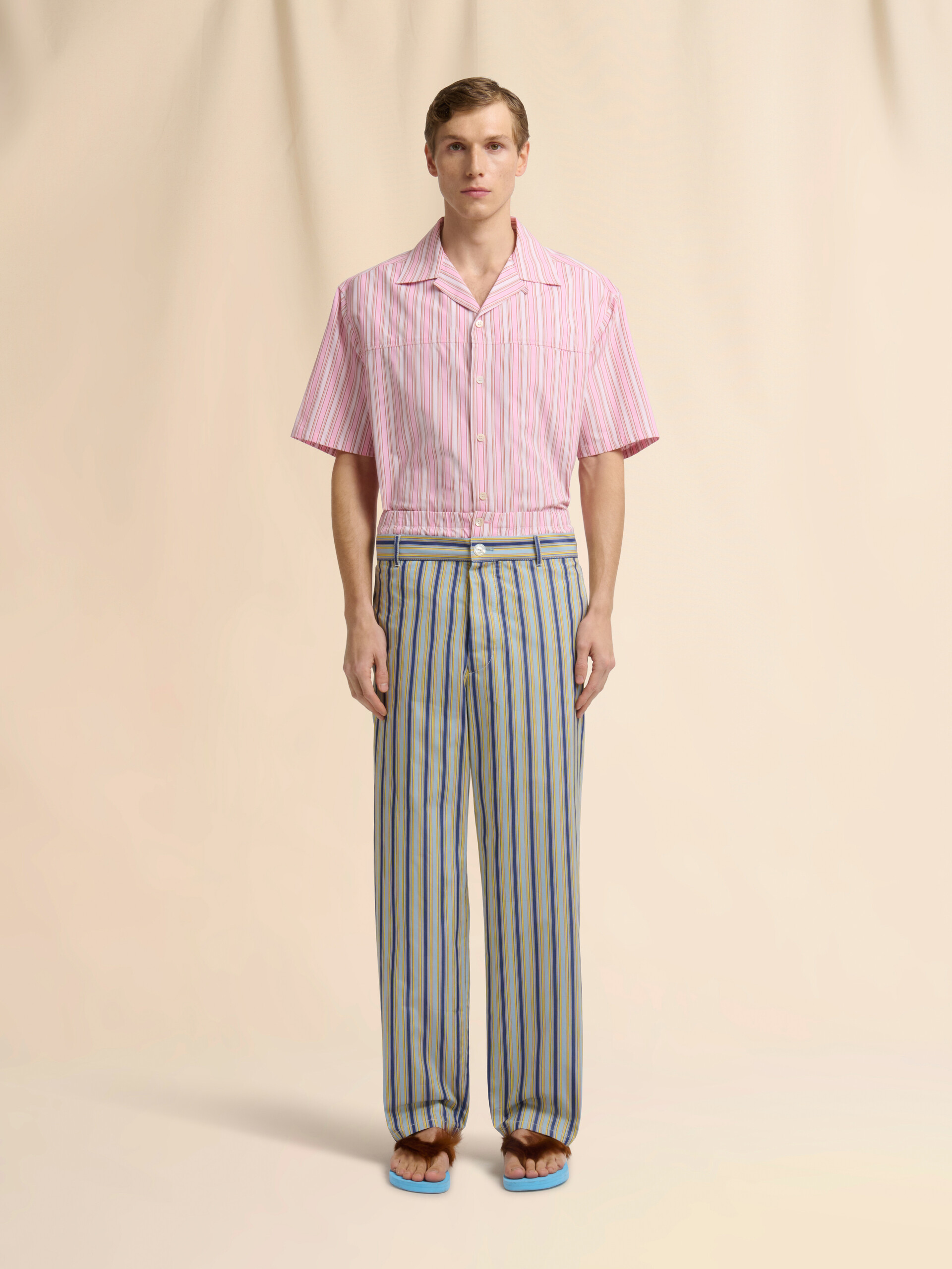 Green striped poplin trousers with trompe-l&rsquo;&oelig;il effect - Pants - Image 2