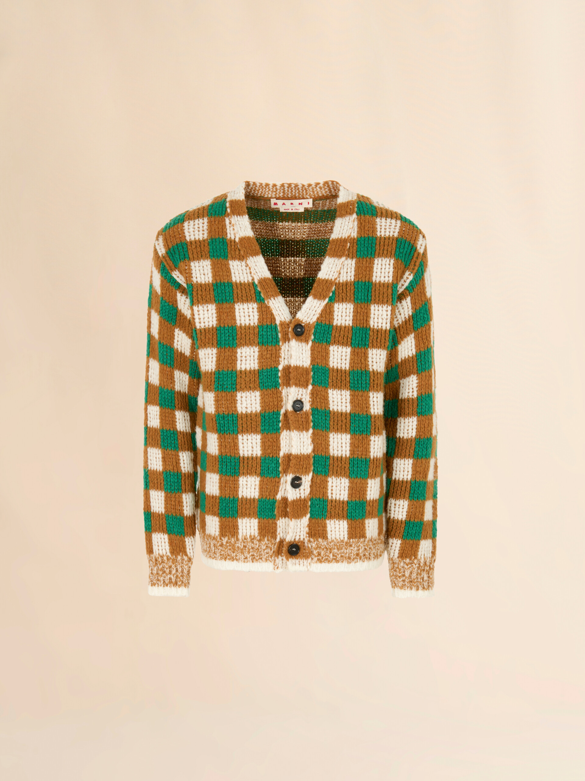 Green wool and mohair cardigan with chequerboard motif - Pullovers - Image 1