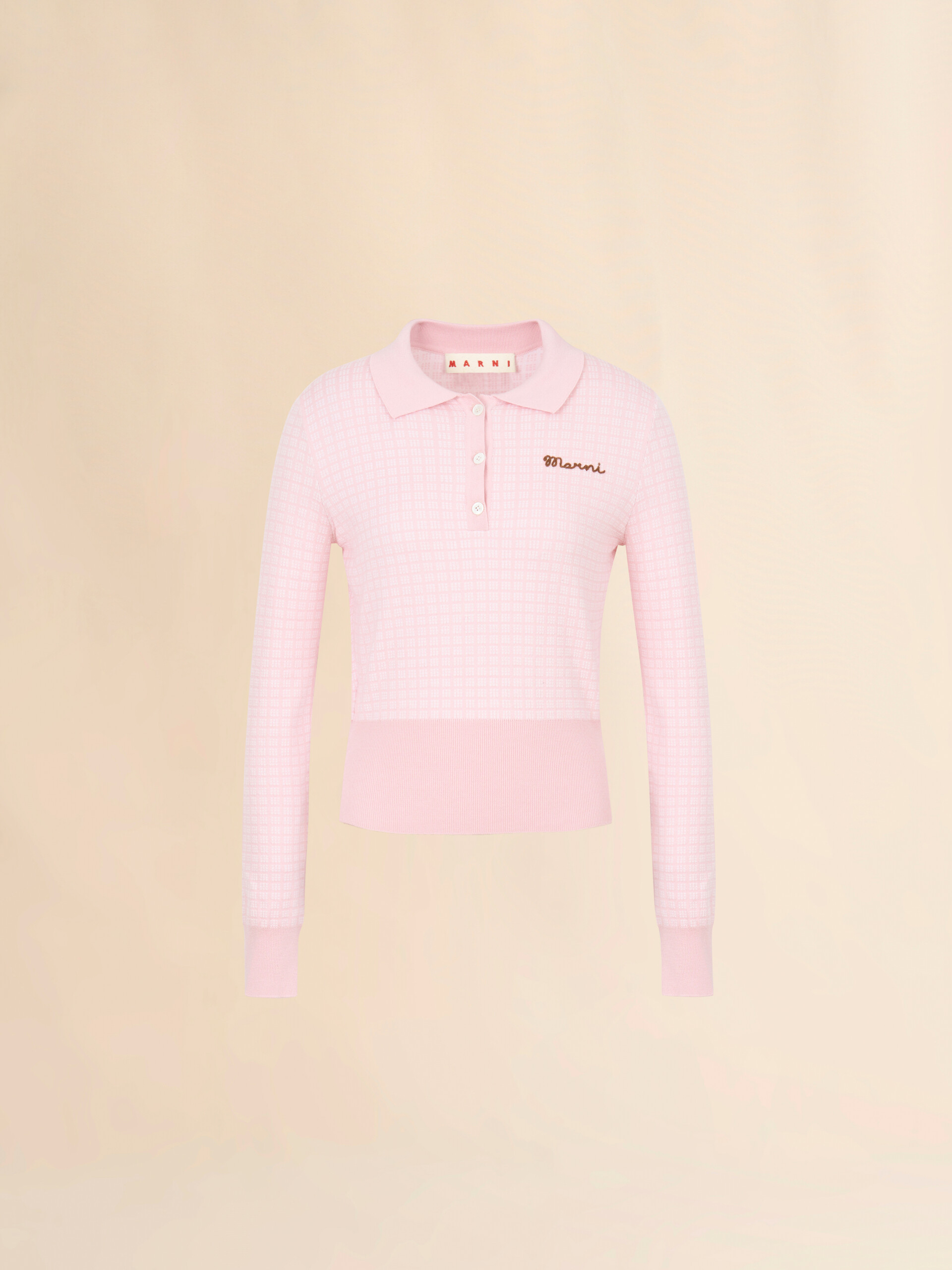 Pink wool-silk polo shirt with jacquard check - Shirts - Image 1