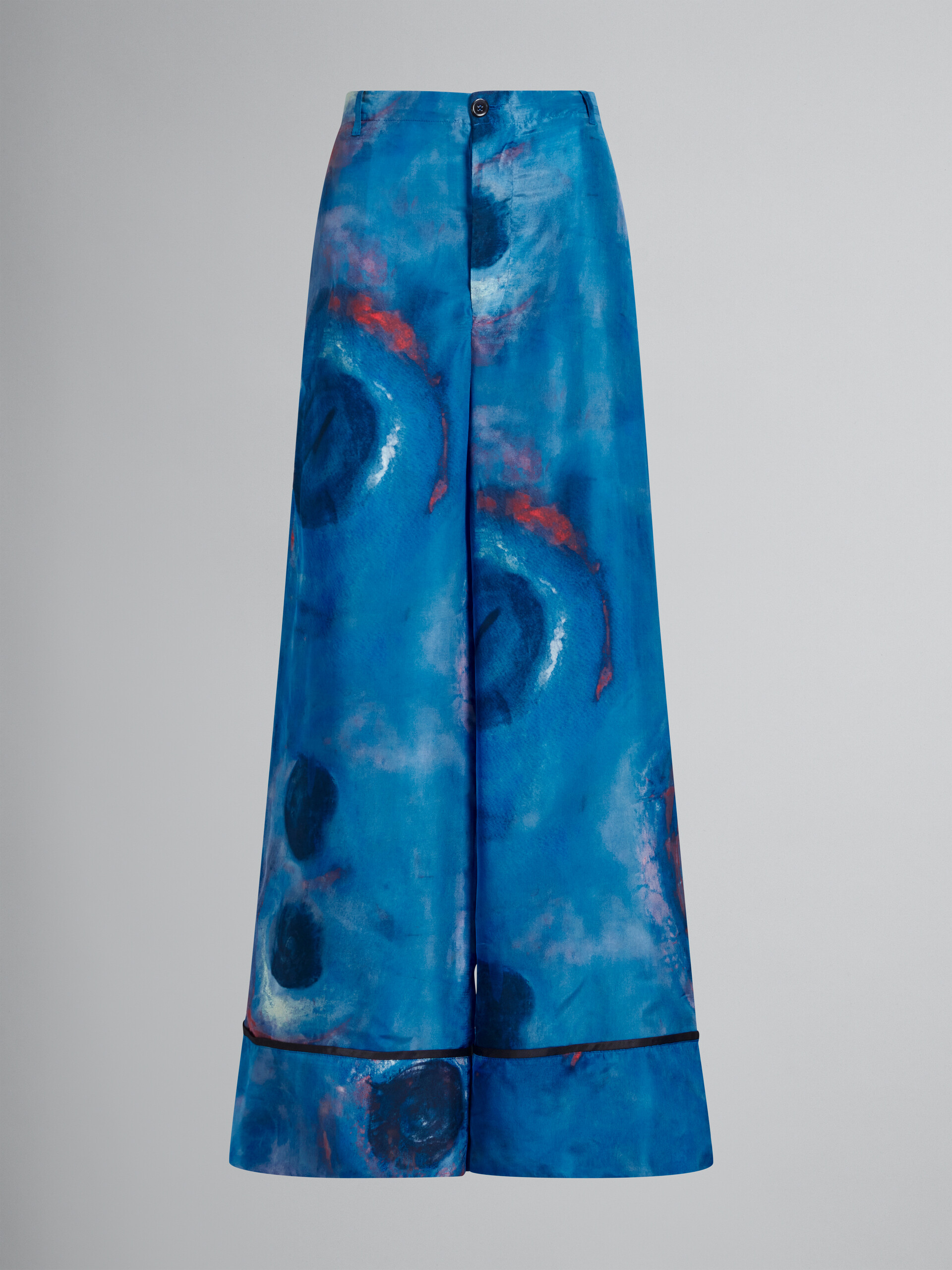 Wide-leg silk trousers with Buchi Blu print - Pants - Image 1