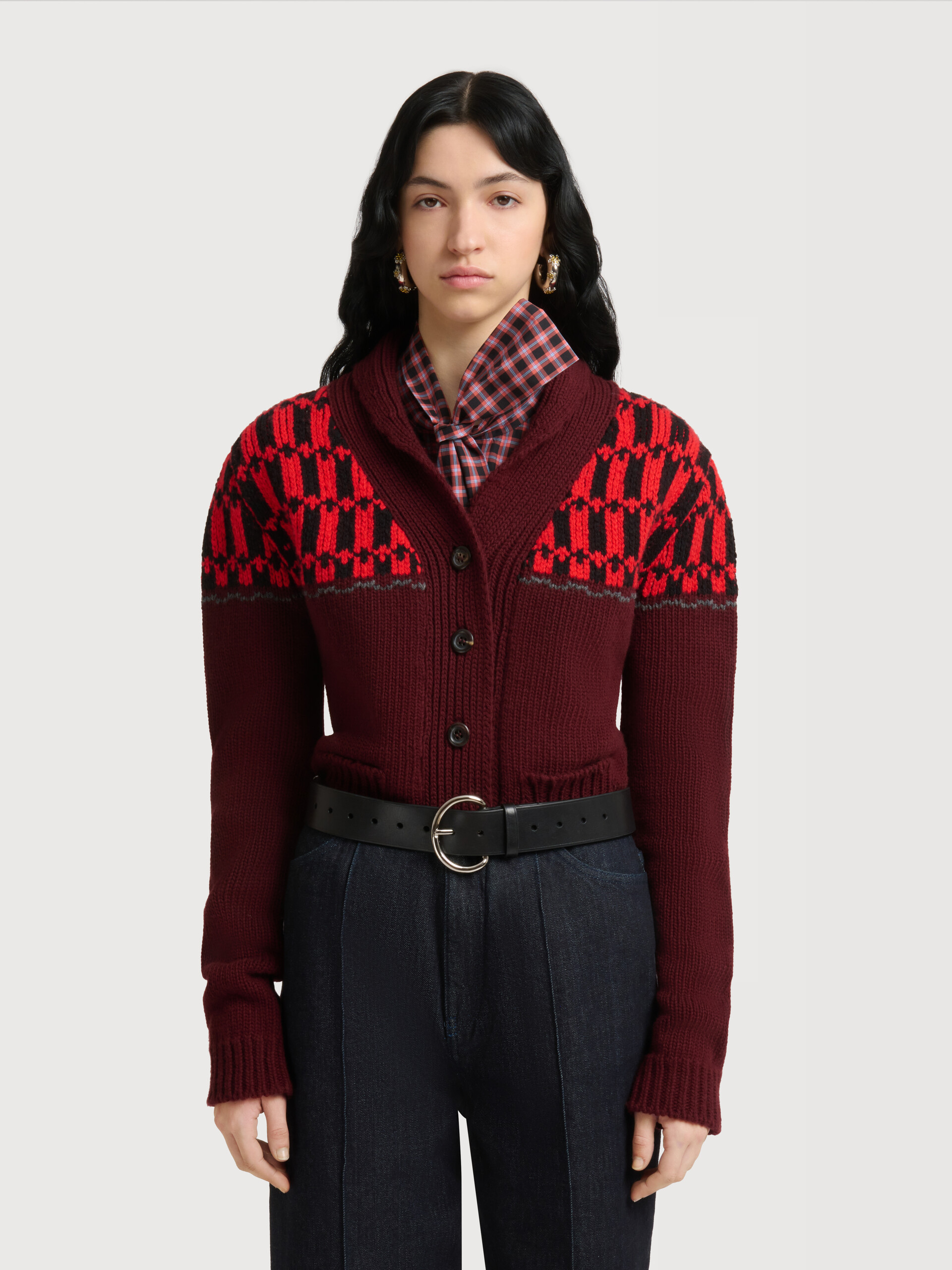 Grey wool cardigan with geometric motif - Pullovers - Image 2