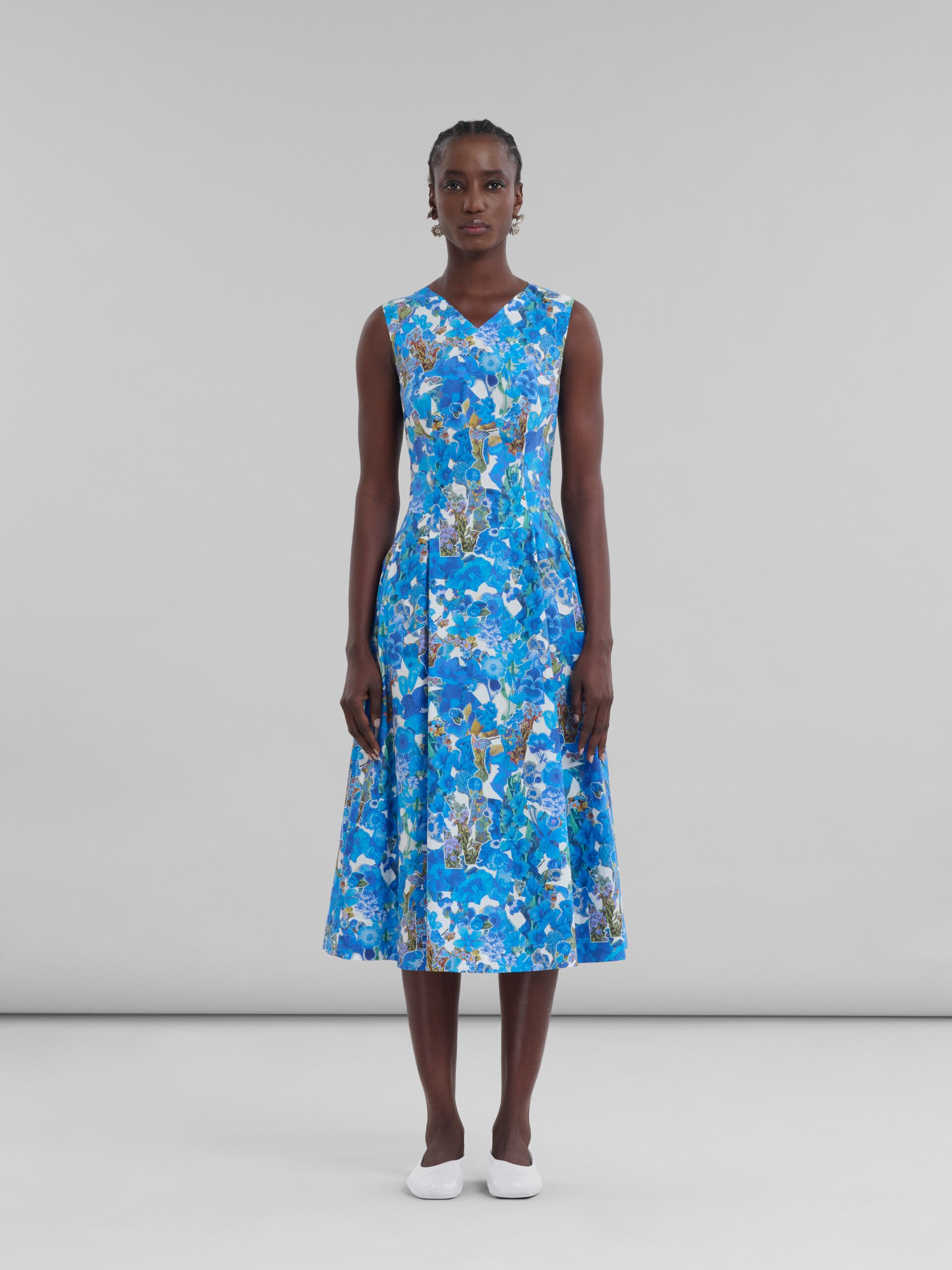 Blue cotton A-line dress with collage print - Dresses - Image 2