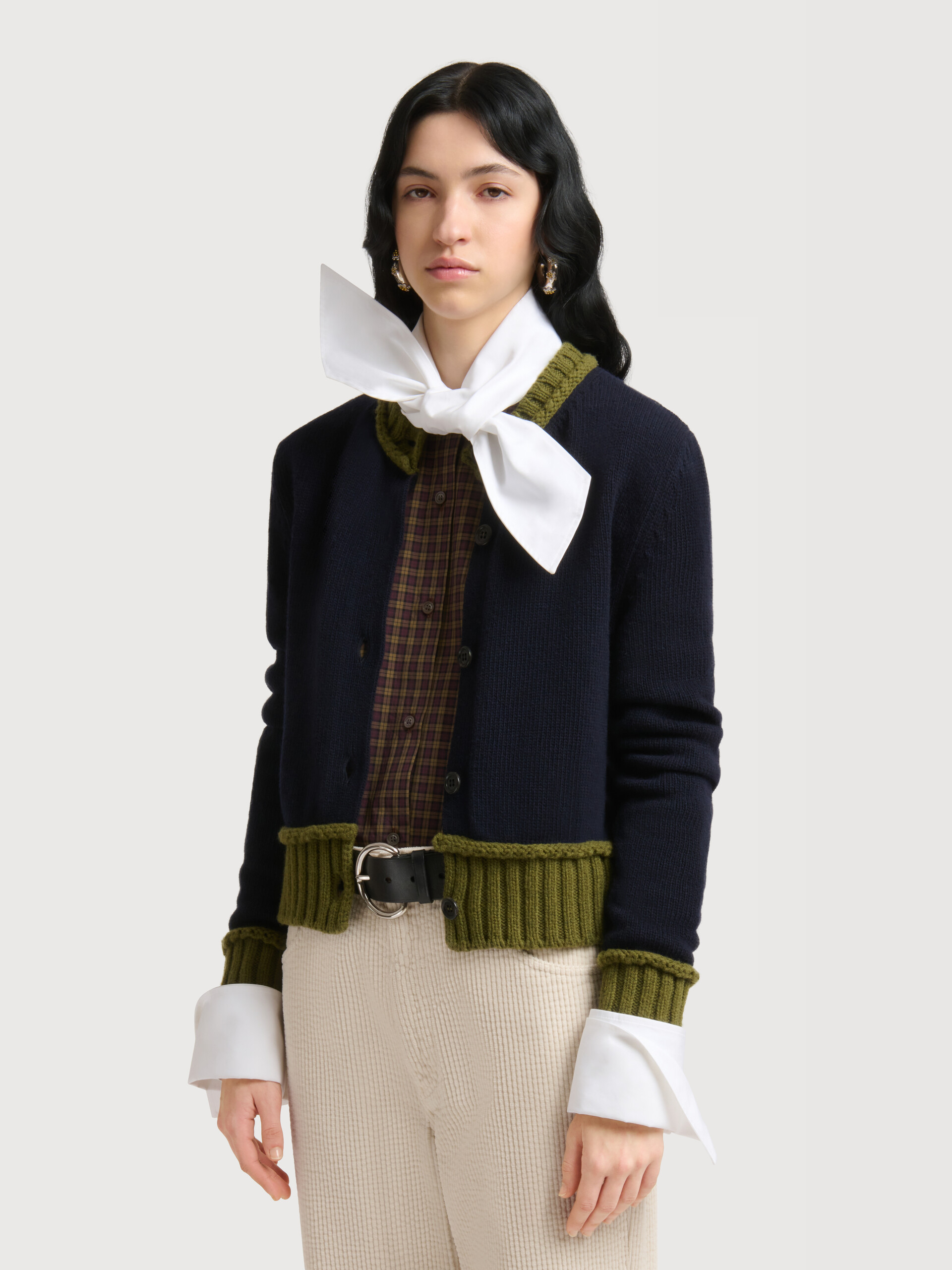 Deep blue wool blend cardigan with contrast trims - Pullovers - Image 3
