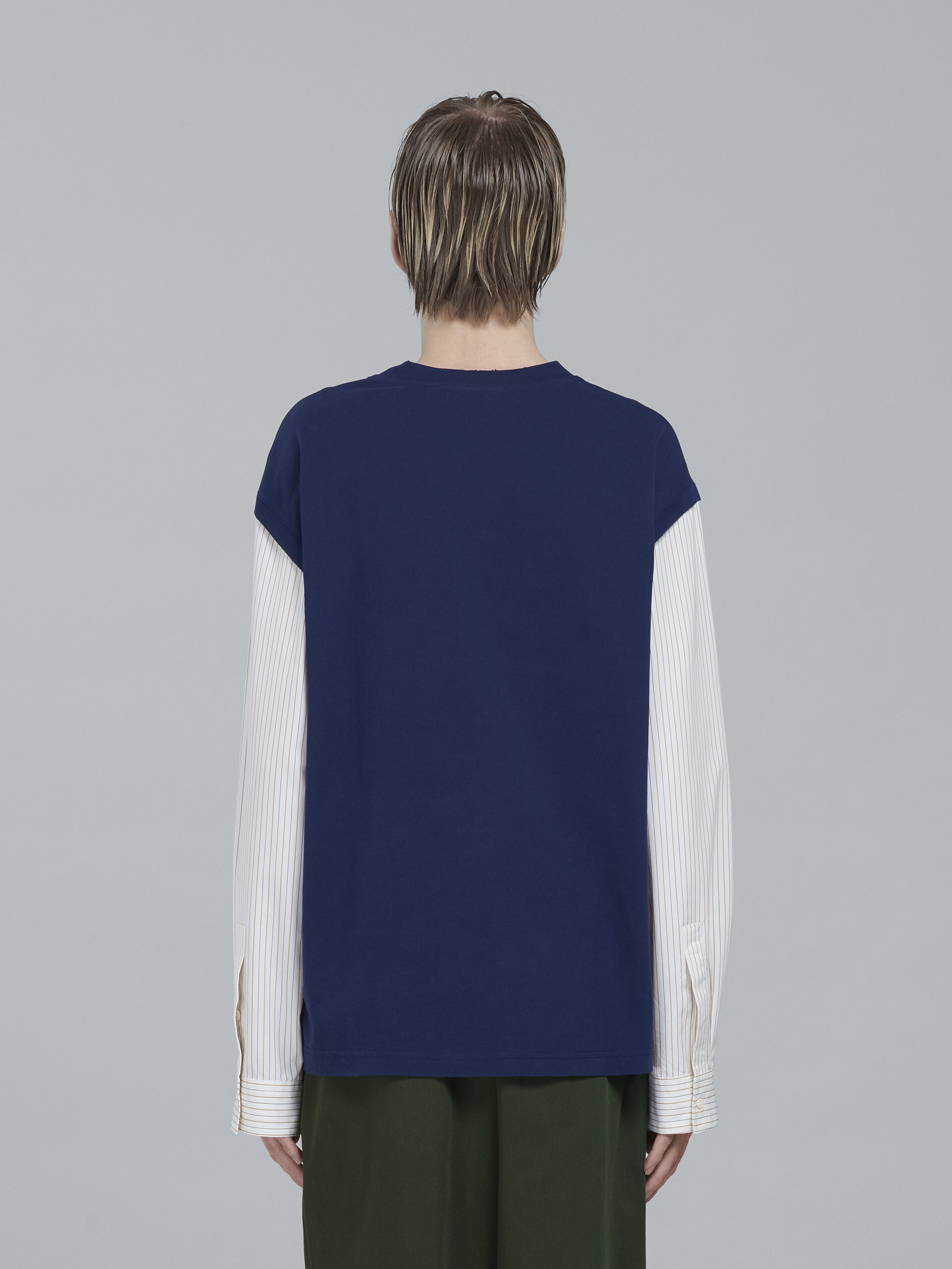 Blue jersey T-shirt with striped poplin sleeves - T-shirts - Image 3