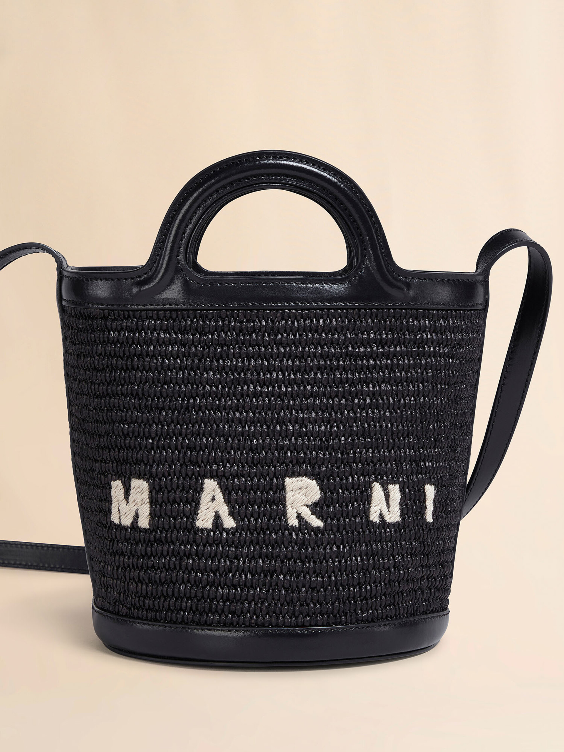 Tropicalia Small Bucket Bag in brown leather and raffia-effect fabric - Shoulder Bags - Image 5