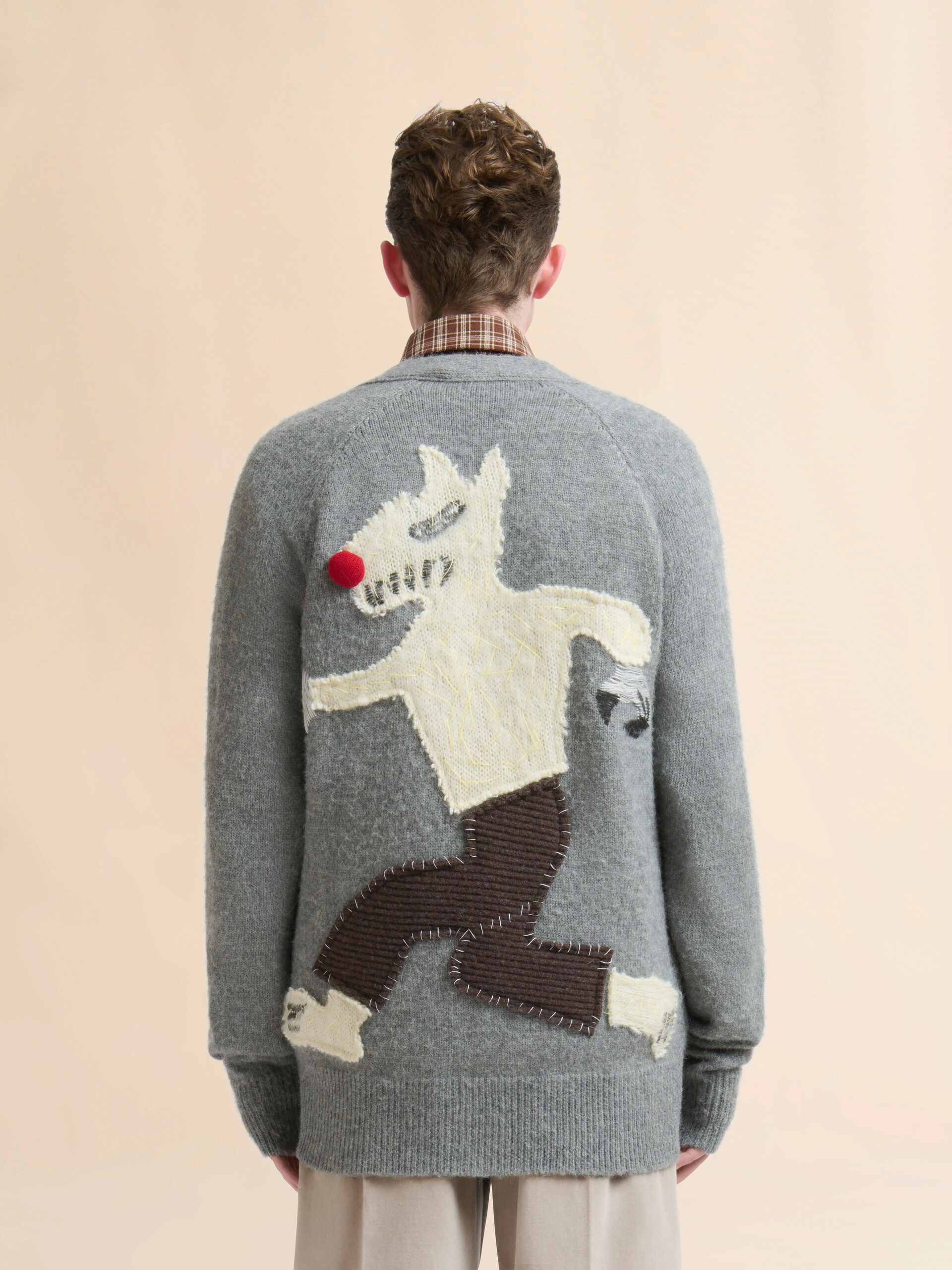 Grey wool alpaca cardigan with wolf patch - Pullovers - Image 3