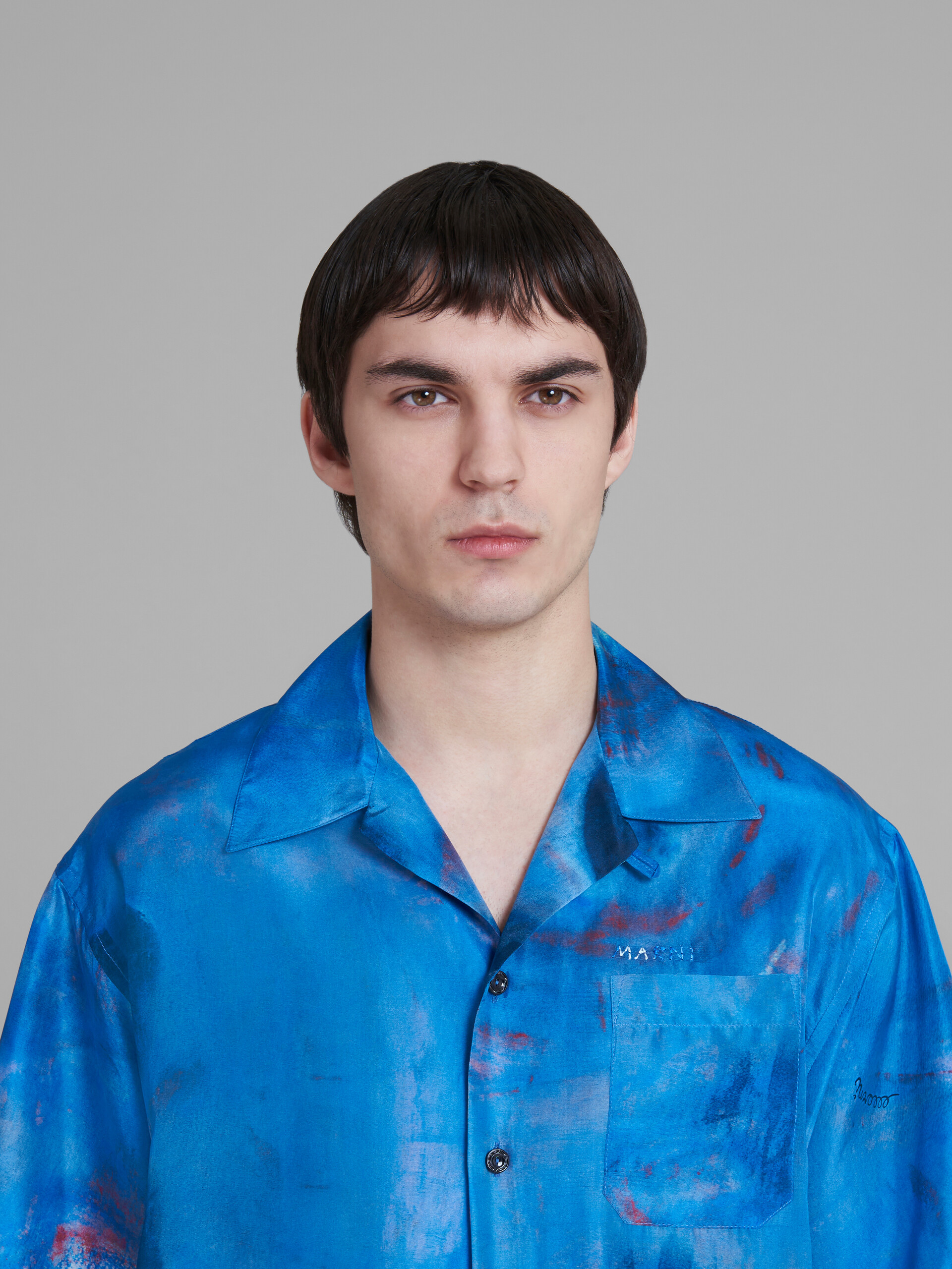 Camicia bowling in habotai di seta con stampa Buchi Blu - Camicie - Image 4