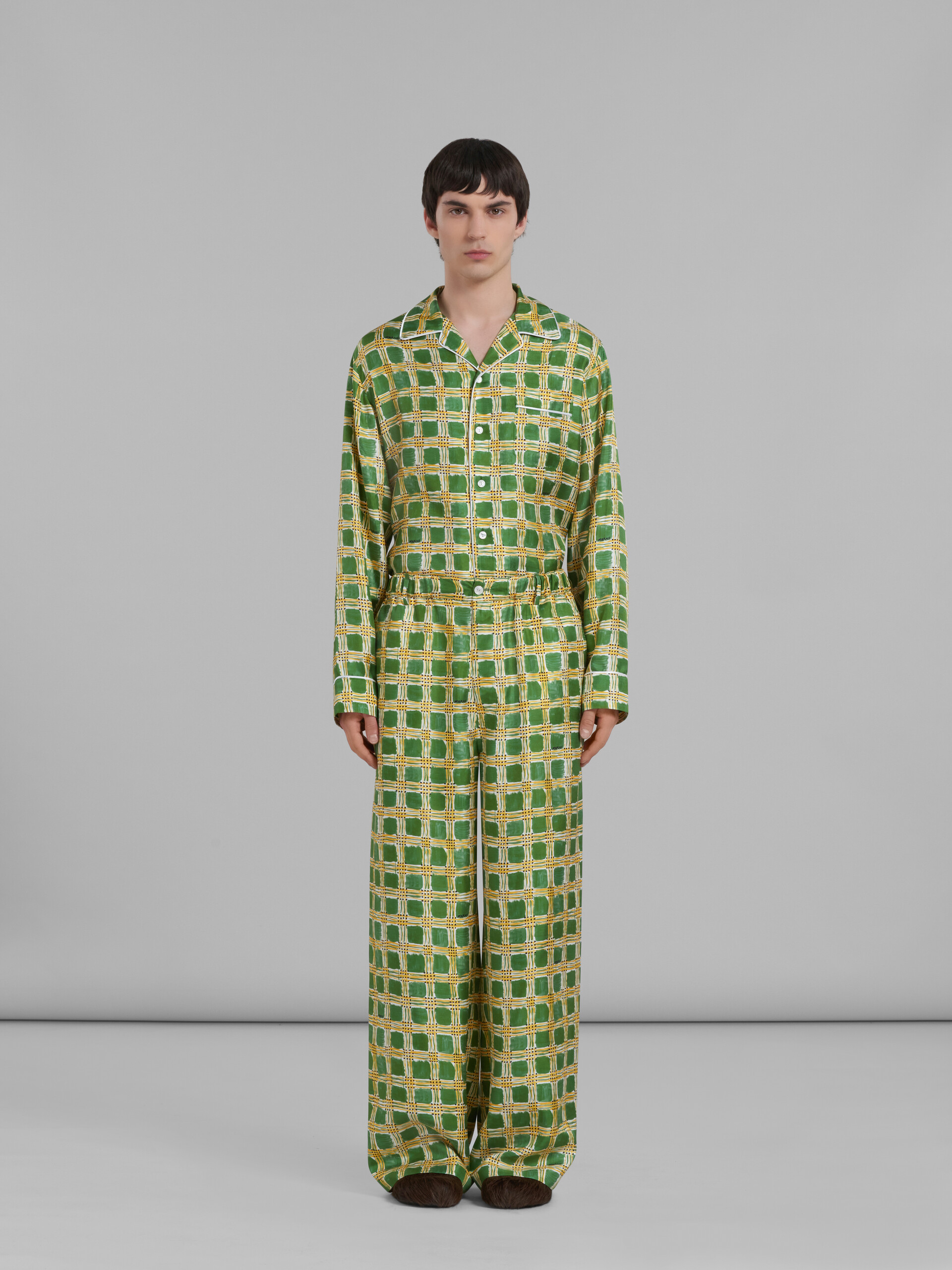 Green silk twill trousers with Check Fields print - Pants - Image 2
