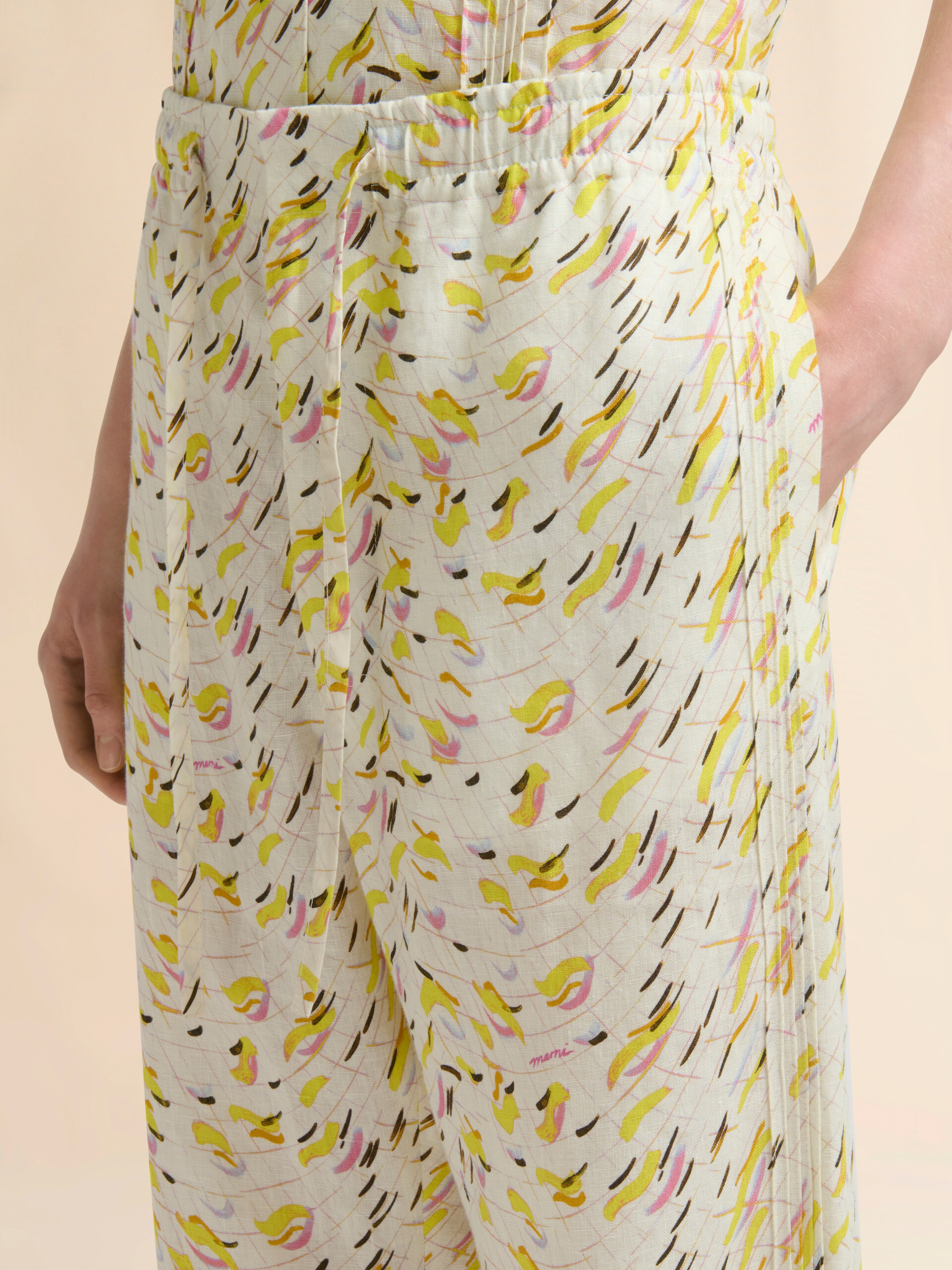 Yellow linen trousers with Brushstroke Wave print - Pants - Image 4