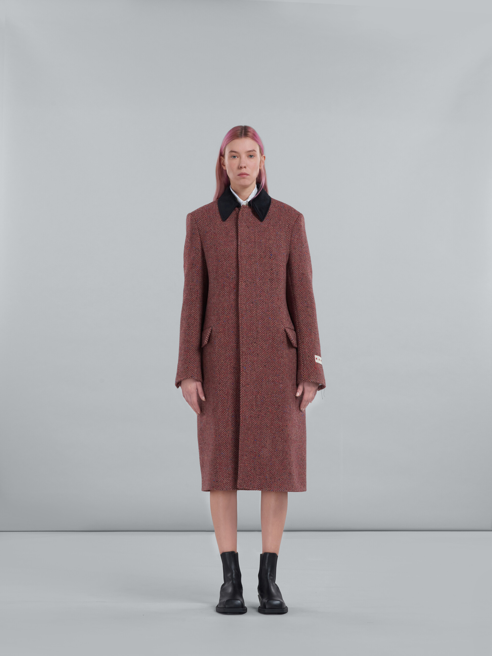 Burgundy chevron wool coat with velvet collar - Coat - Image 2
