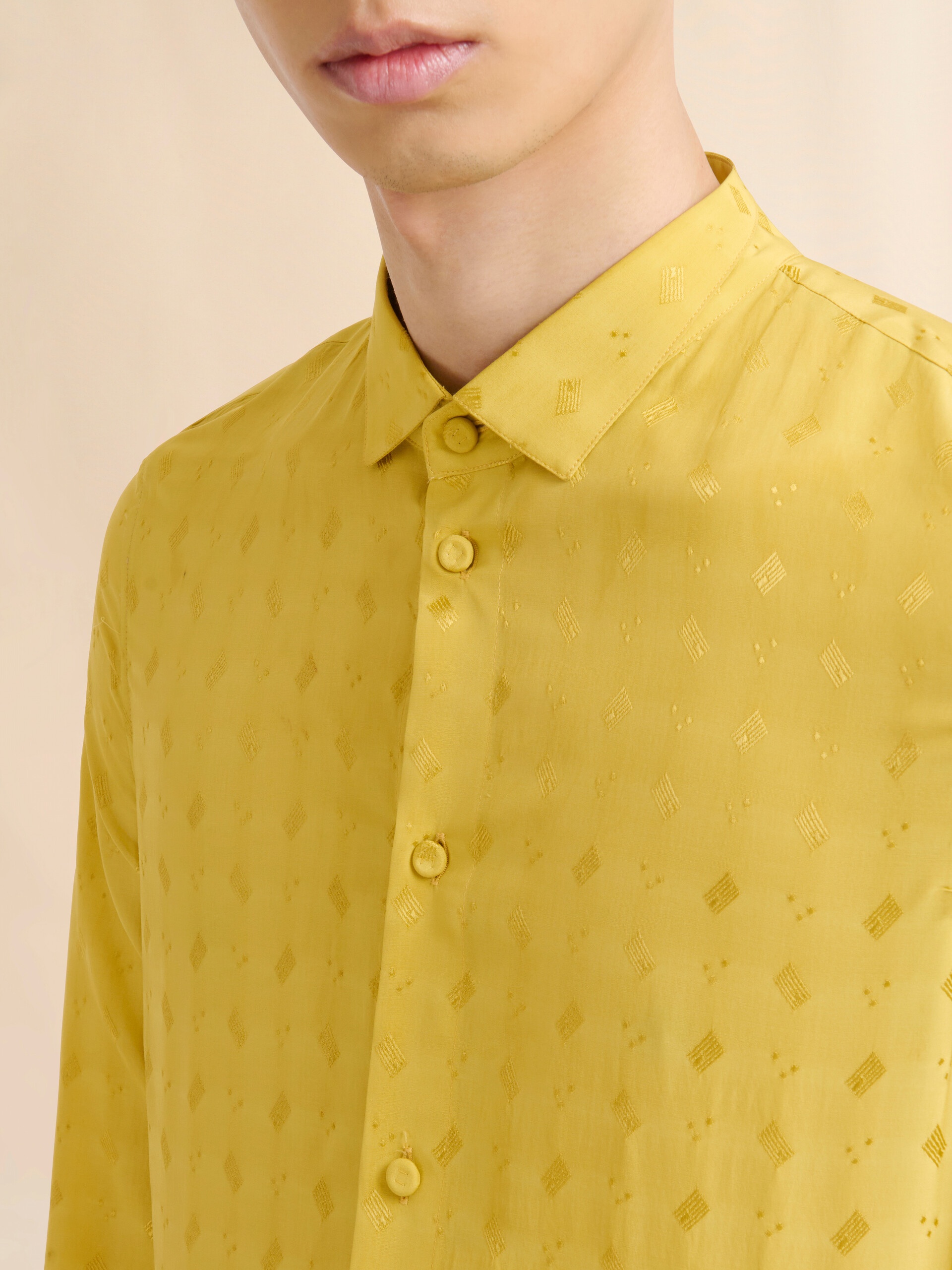 Yellow viscose slim shirt with geometric jacquard motif - Shirts - Image 4