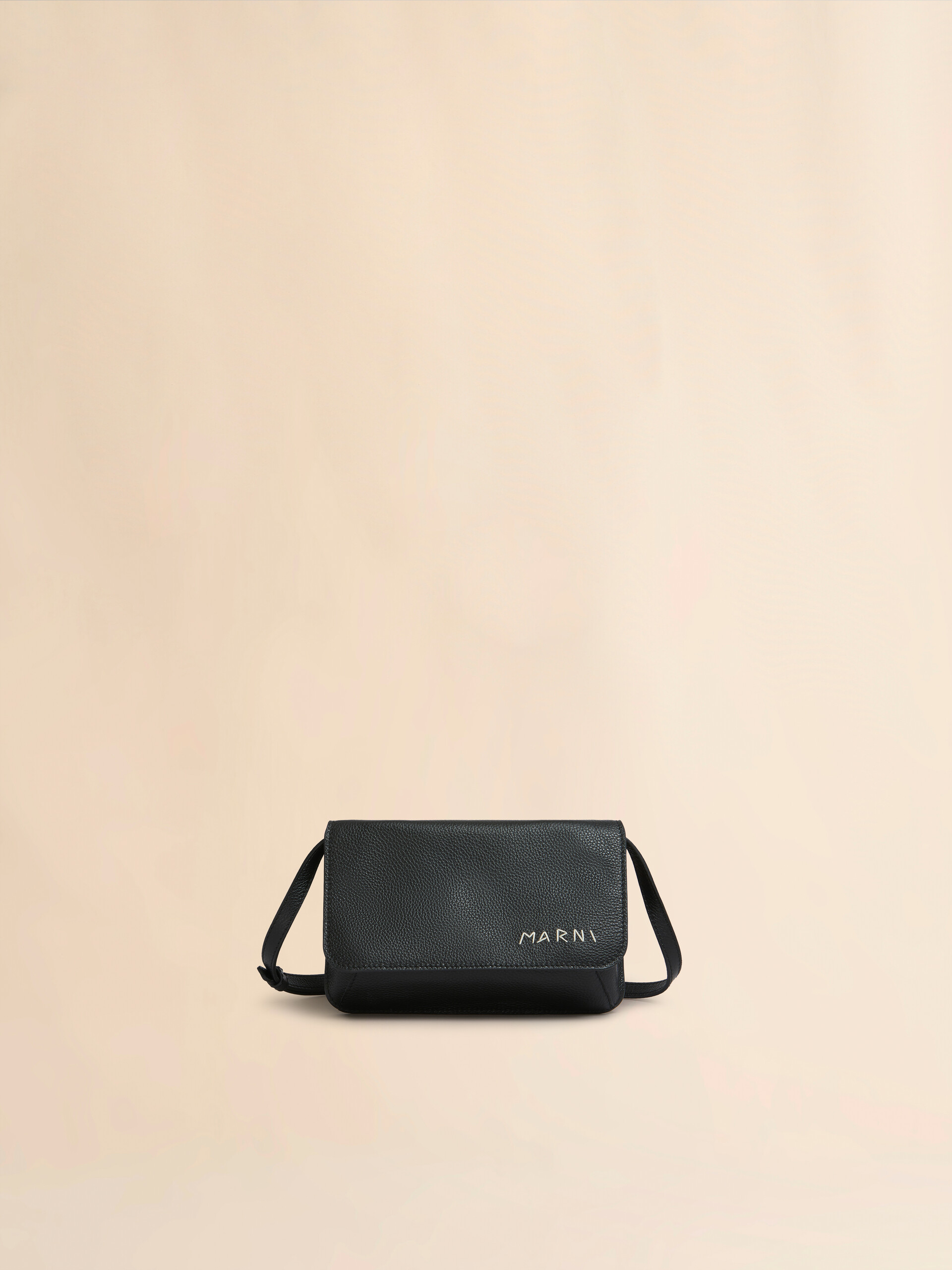 Black leather shoulder bag with Marni Mending embroidery - Pochettes - Image 1
