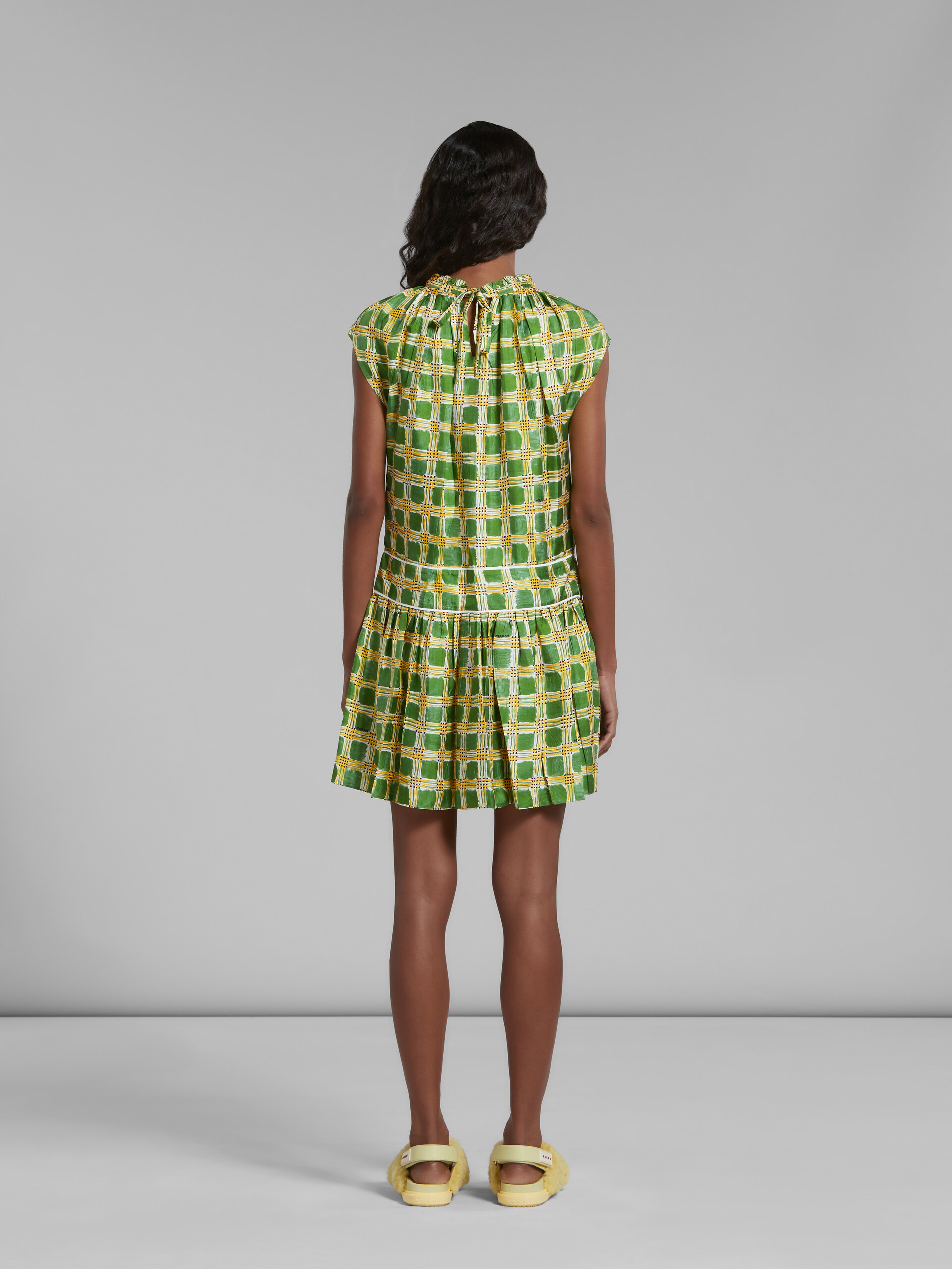 Green silk twill dress with Check Fields print
